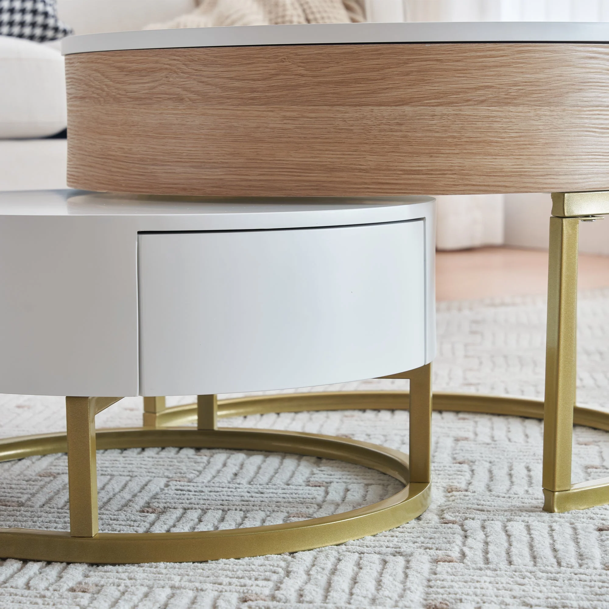Nesting Table, Fold-Up Coffee & Side Table with Two Drawers, 2-Piece Set, Golden - Image 8