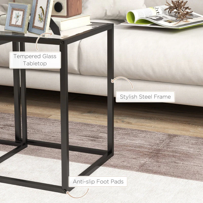 Nesting Tables Set of 2, Side End Table with Tempered Glass Top and Steel Frame, Black - Image 5