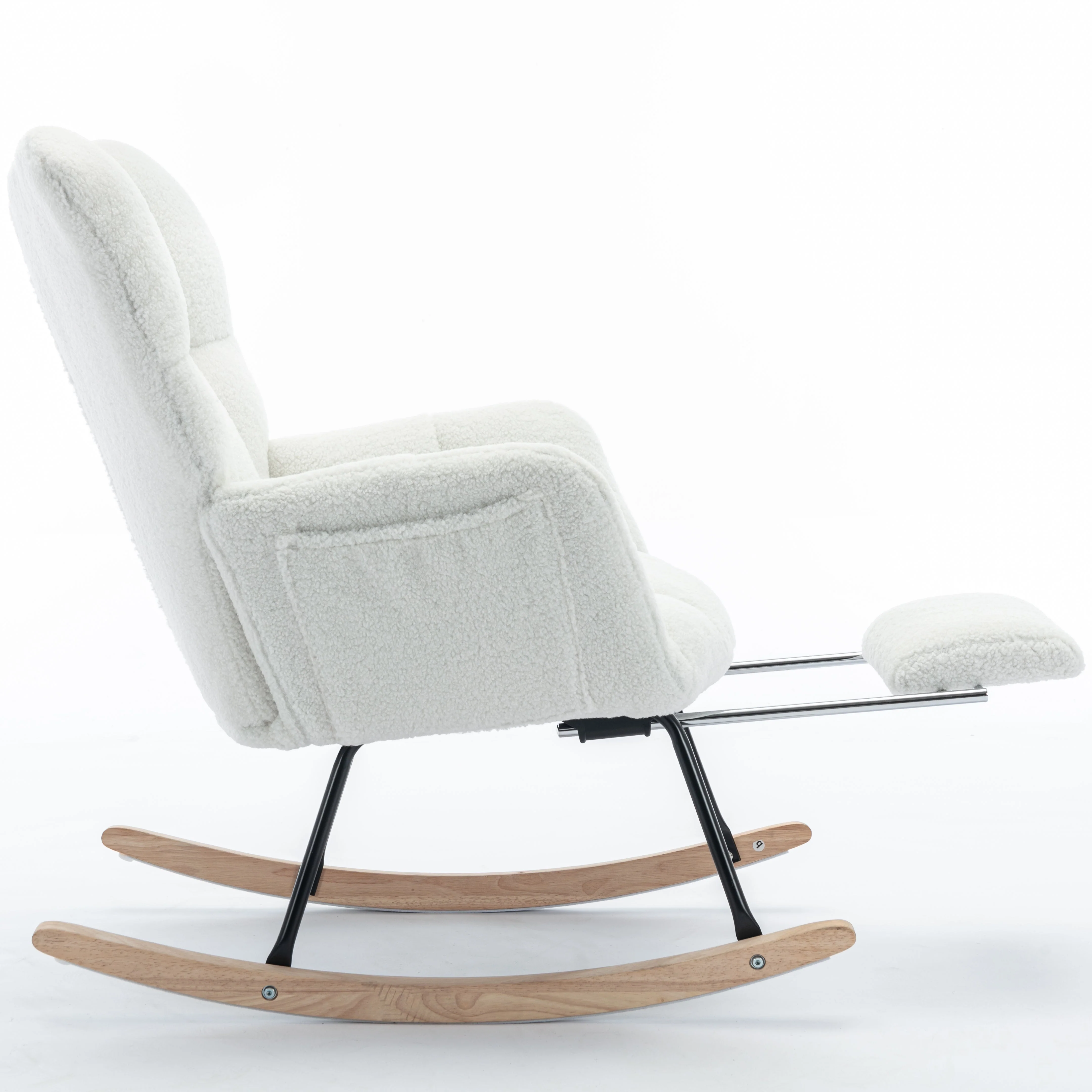 New Modern Teddy Fabric Tufted Upholstered Rocking Chair with Pull-Out Footrest, White - Image 6