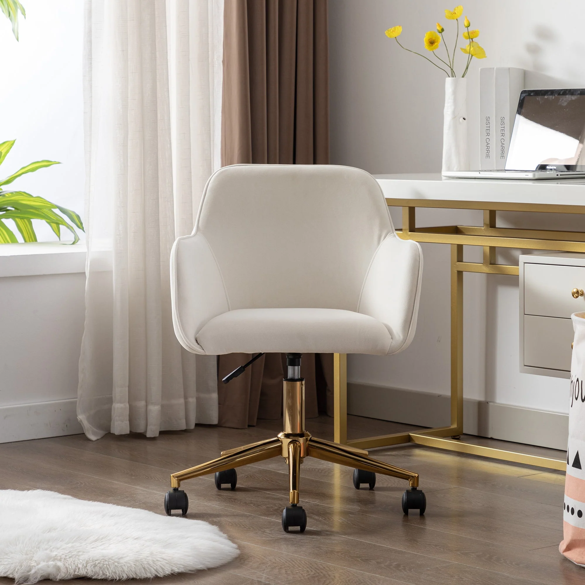 New Velvet Fabric Adjustable Height Swivel Home Office Chair, Coffee Ivory White