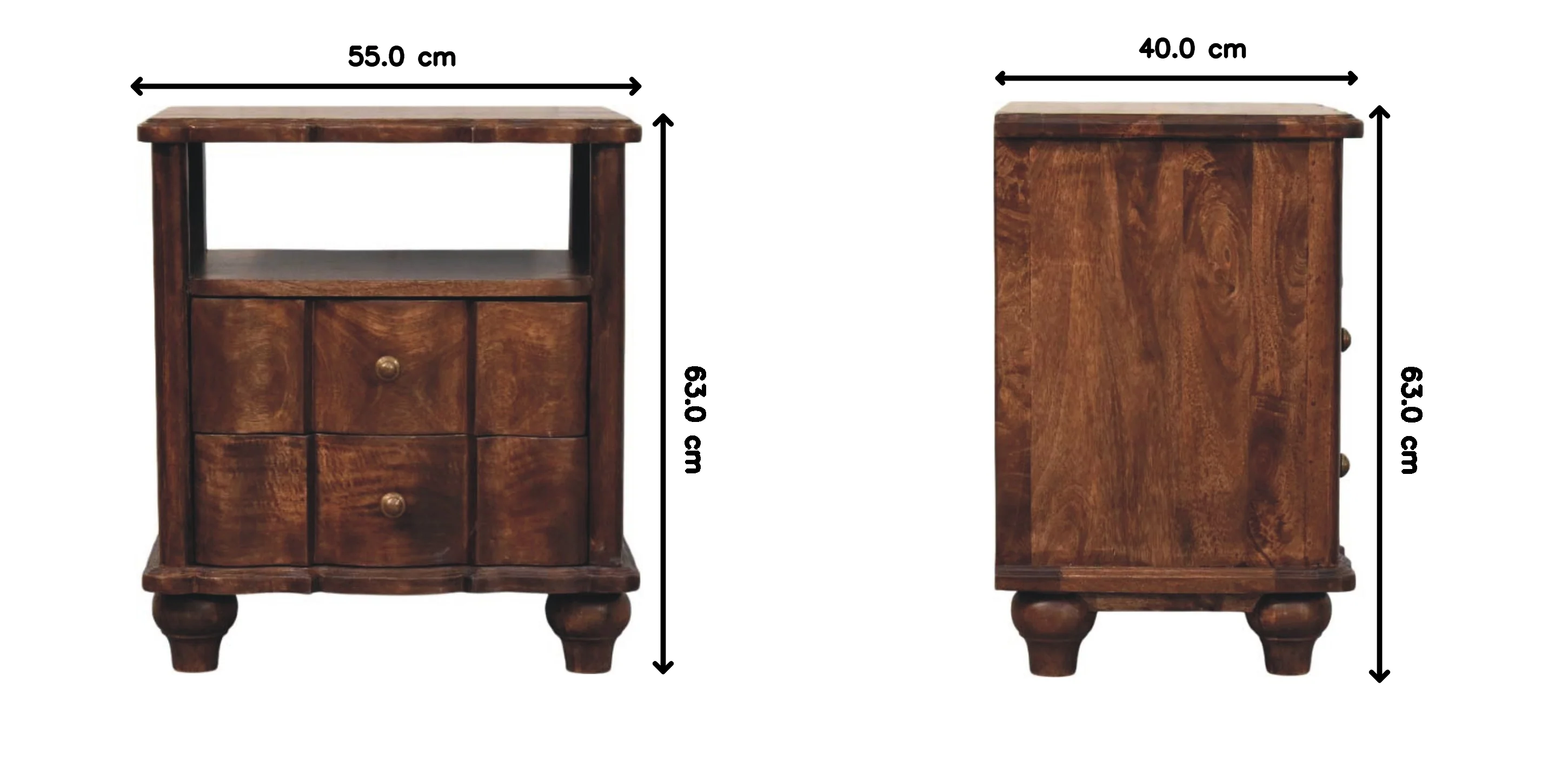 Nightstand 2-Drawer with Open Shelf, Solid Wood Brown - Image 5