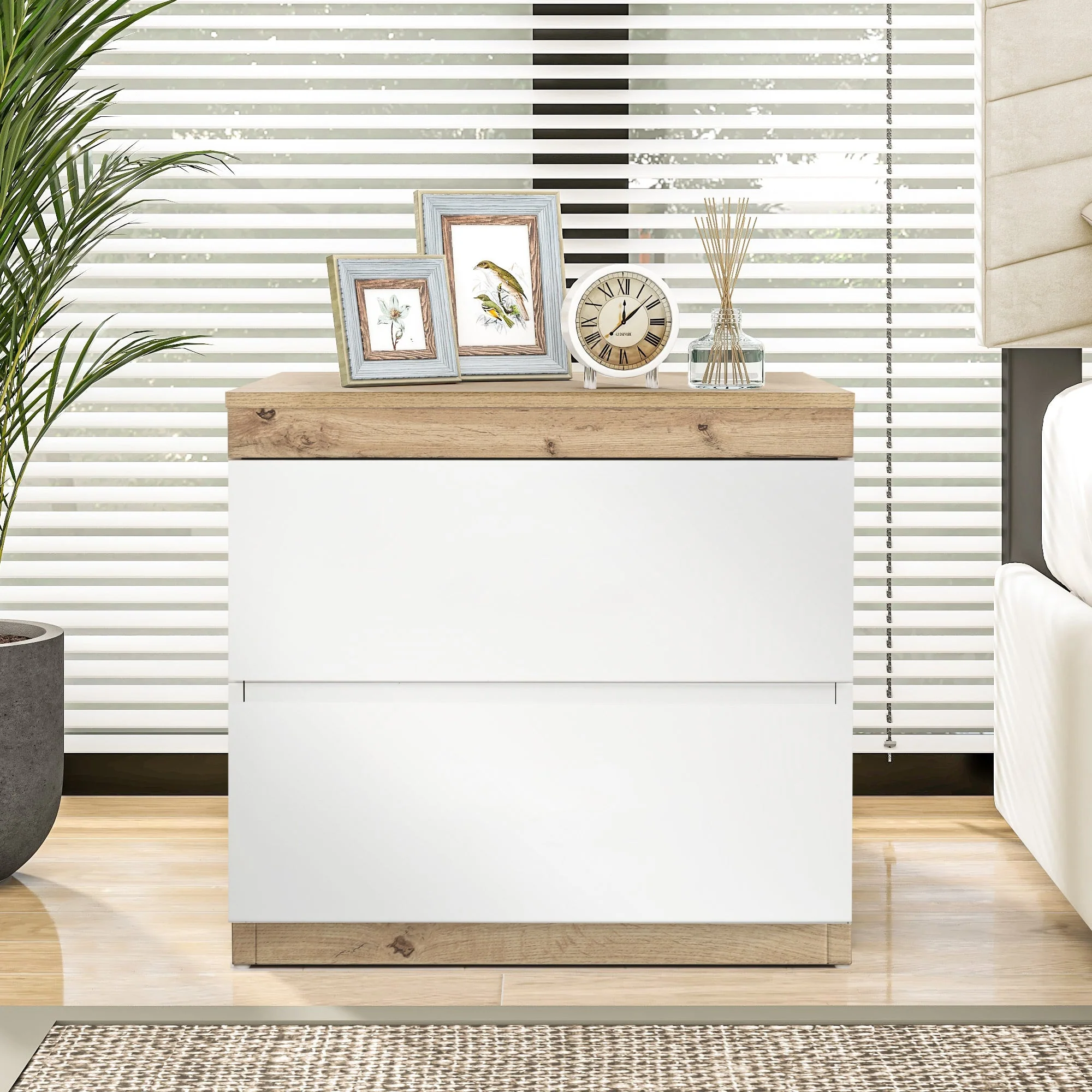Nightstand 2 Drawers Storage - White/Oak E1 Chipboard