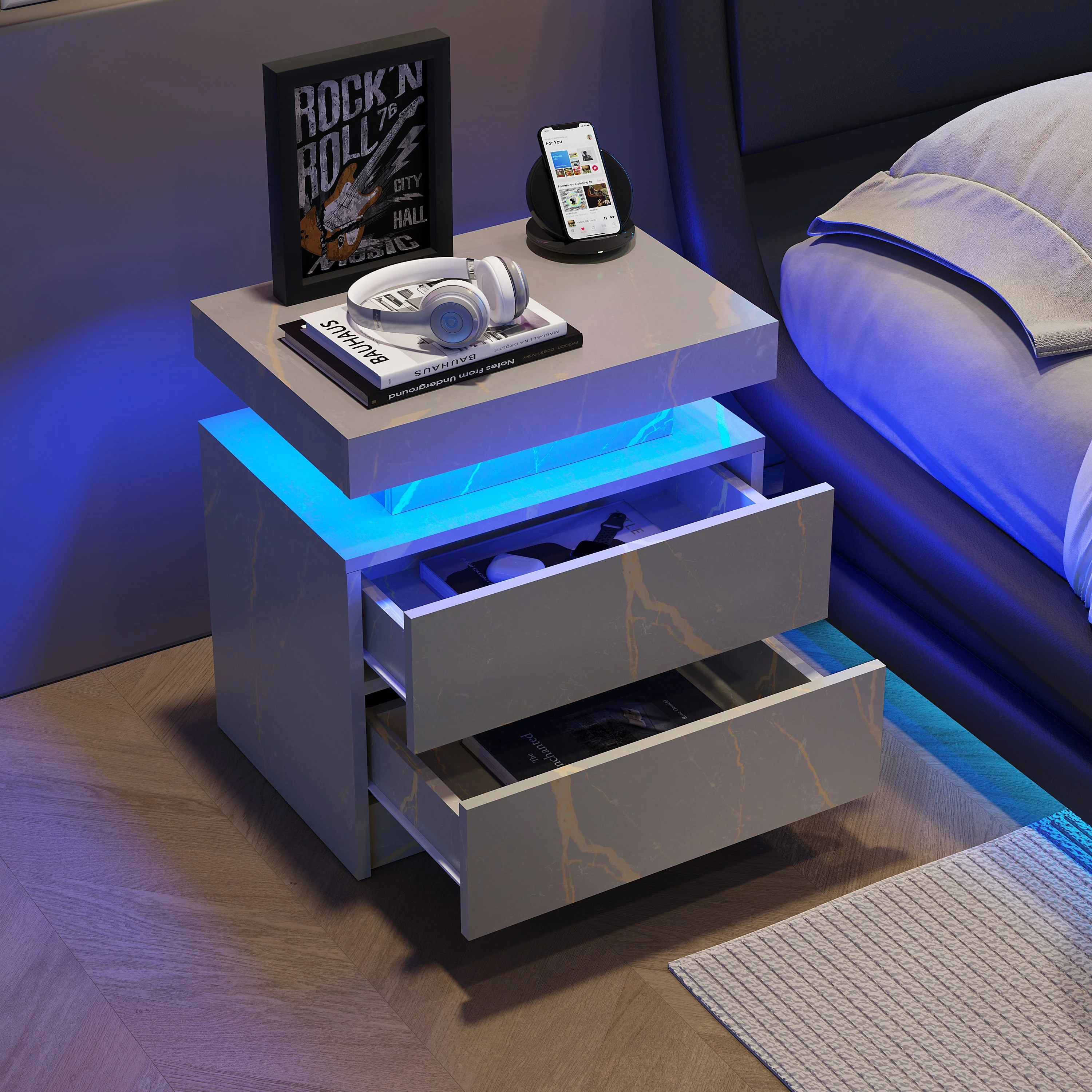 Nightstand LED Bedside Table Cabinet Lights Modern End Side with 2 Drawers for Bedroom (Grey Gold) - Image 3