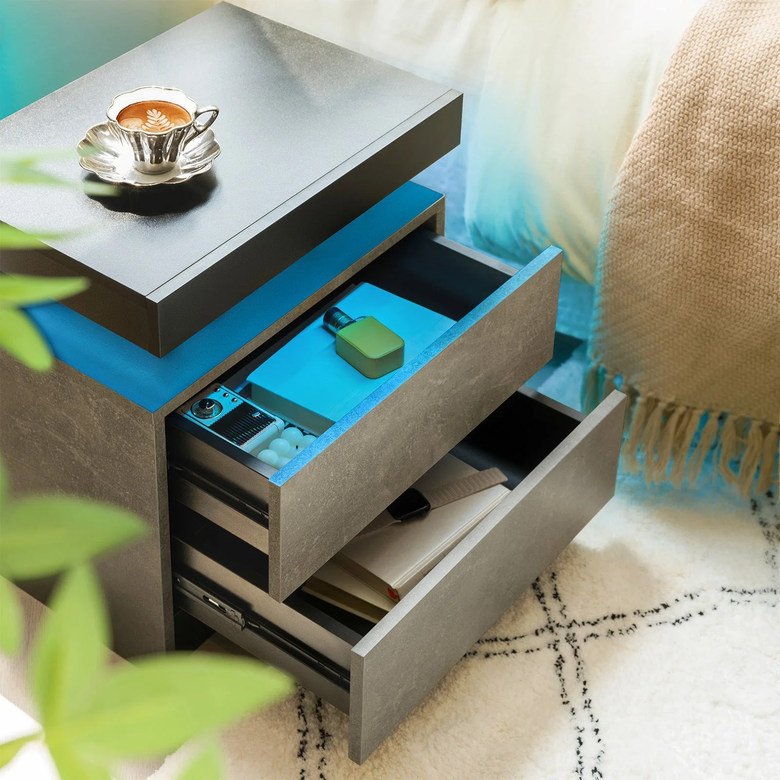 Nightstand LED Bedside Table with 2 Drawers, Modern End Side Cabinet, Grey+Black - Image 4