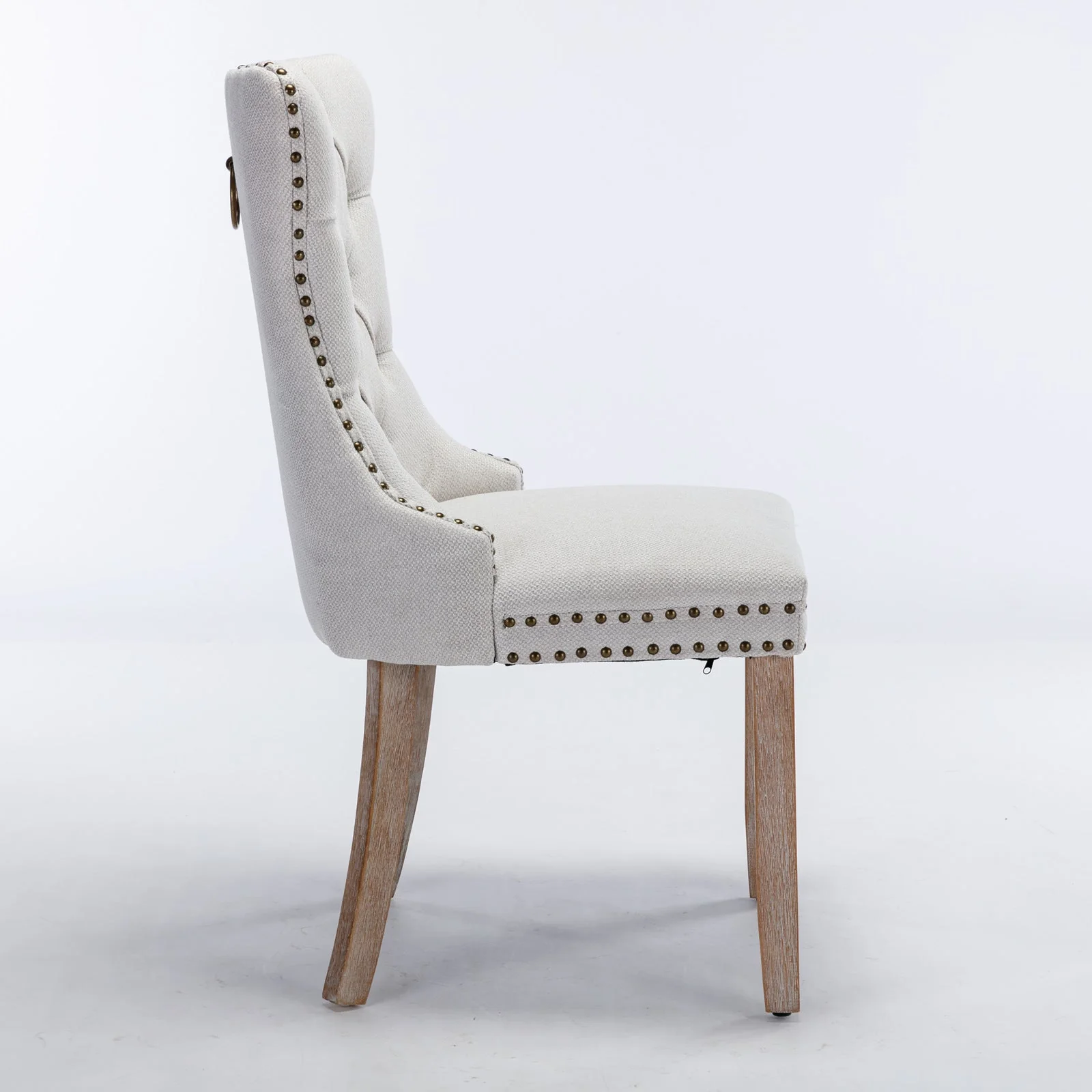 Nikki Collection Tufted Linen Dining Chair Nailhead Trim Wood Legs 2-Pcs Set - Beige - Clearance - Image 4