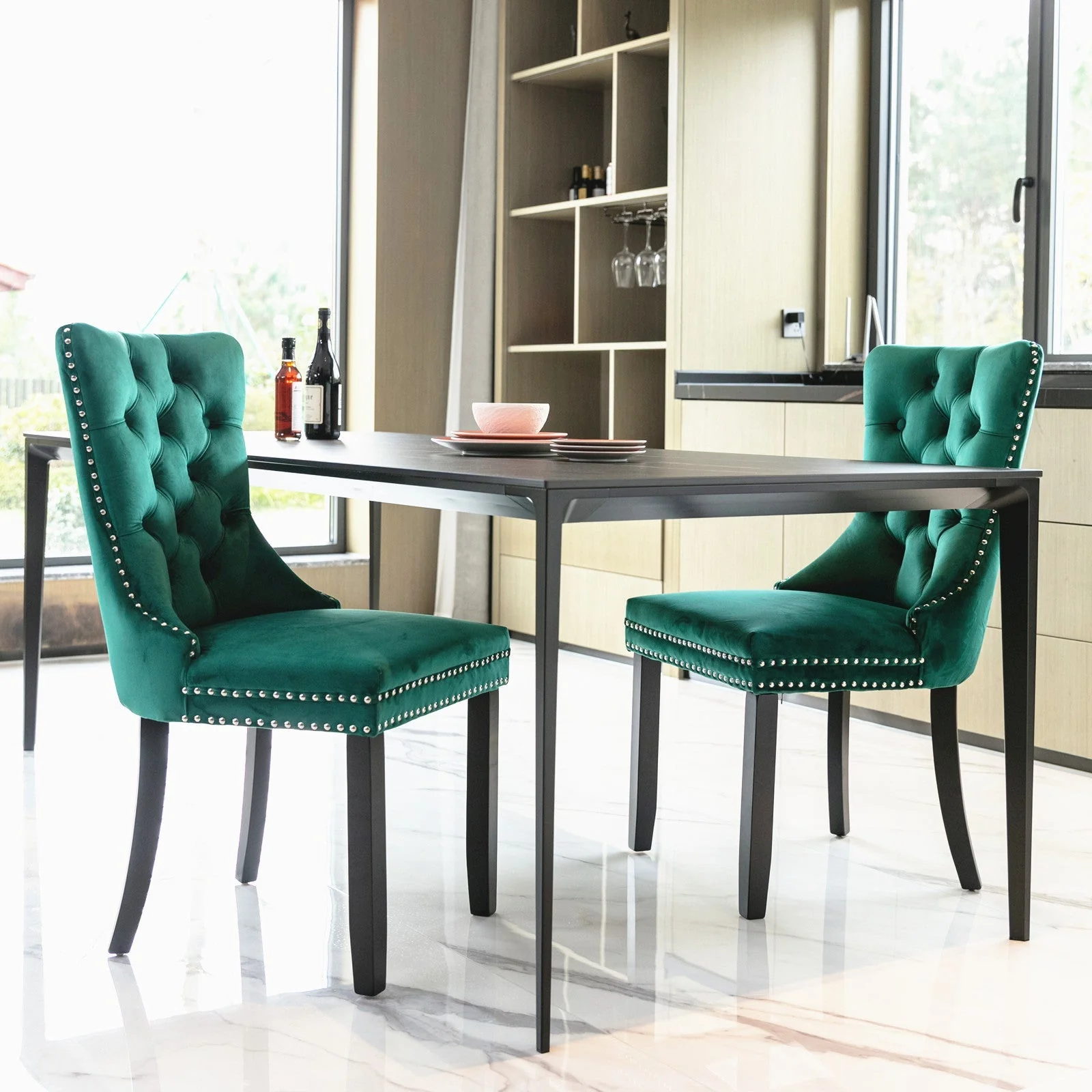 Nikki Collection Tufted Upholstered Dining Chair Wood Legs Nailhead Trim Set of 2 - Green Velvet