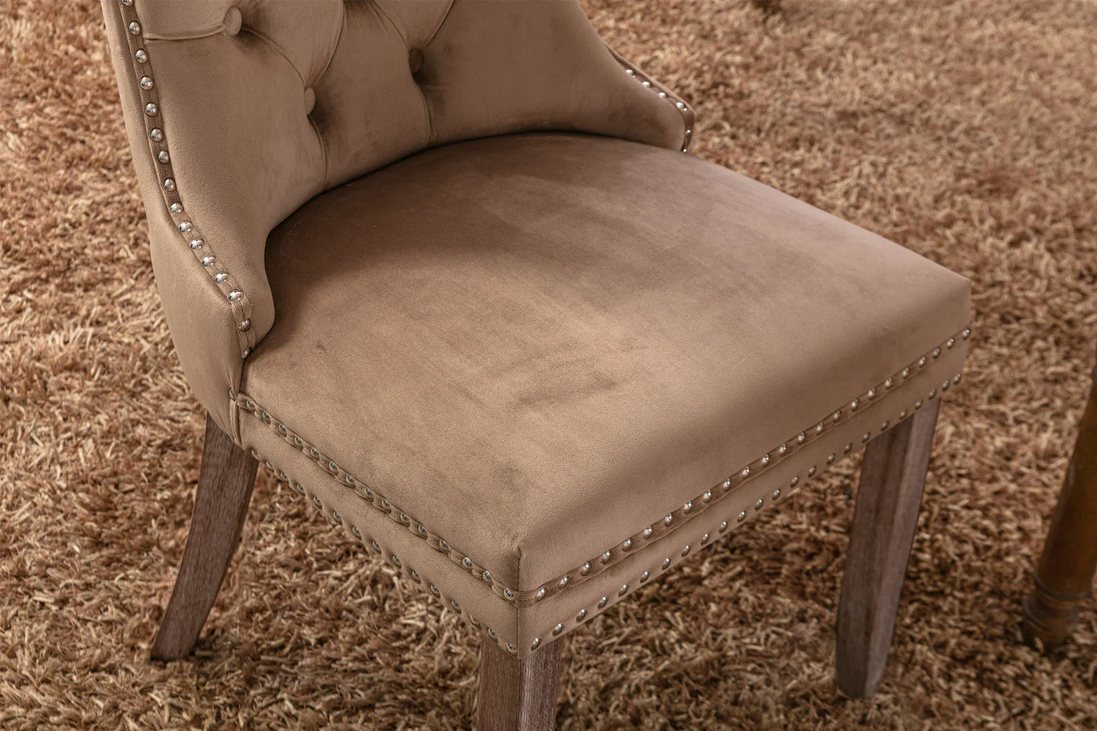 Nikki Collection Tufted Velvet Dining Chair Nailhead Trim 2-Pc Set - Khaki - Image 9