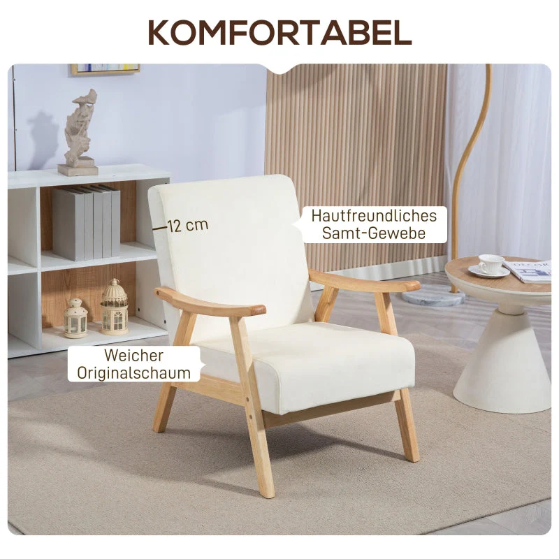 Nordic Armchair, Upholstered Lounge Chair, Wooden Frame, Velvet Look, Cream White - Image 4