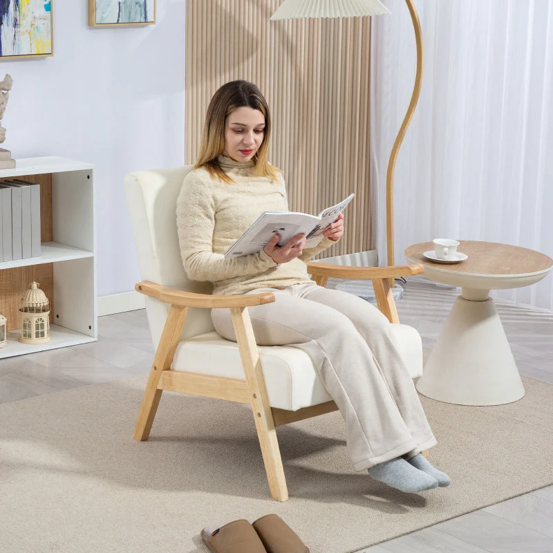 Nordic Armchair, Upholstered Lounge Chair, Wooden Frame, Velvet Look, Cream White - Image 6