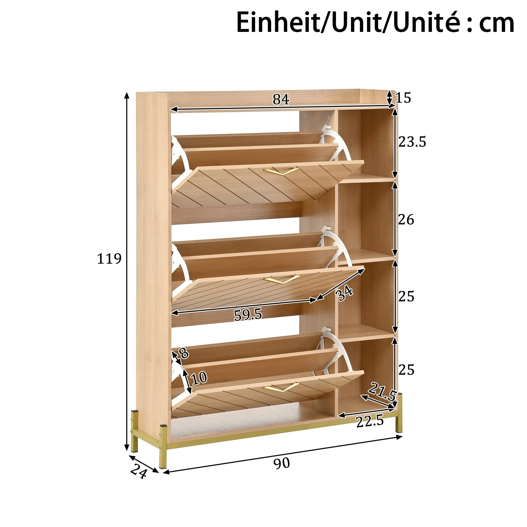 Nordic Style Shoe Cabinet with 3 Doors, Hinged Lid and Side Shelves, Oak Grain - Image 4