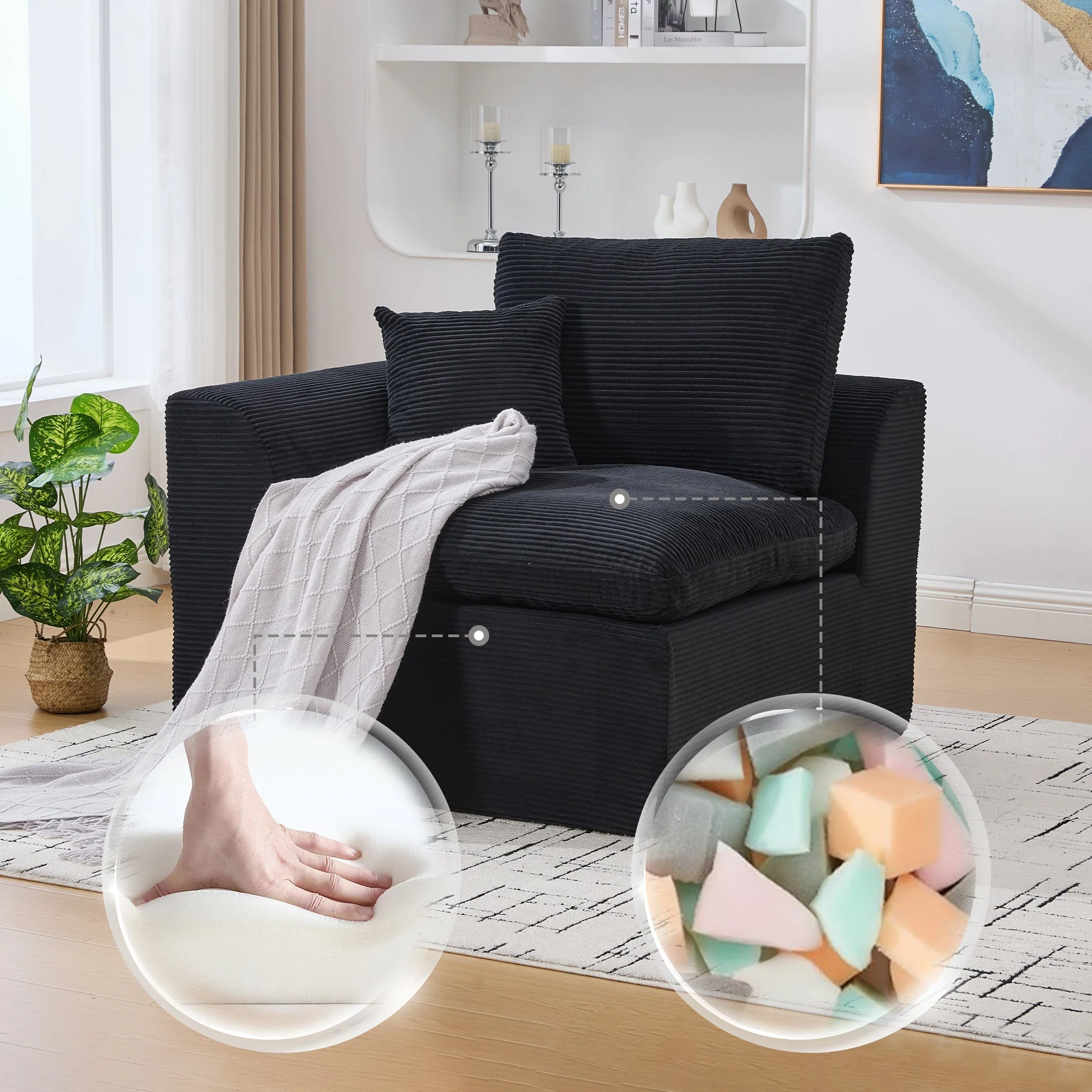 Nordic Style Single-Seater Armchair with Cushions - Fabric