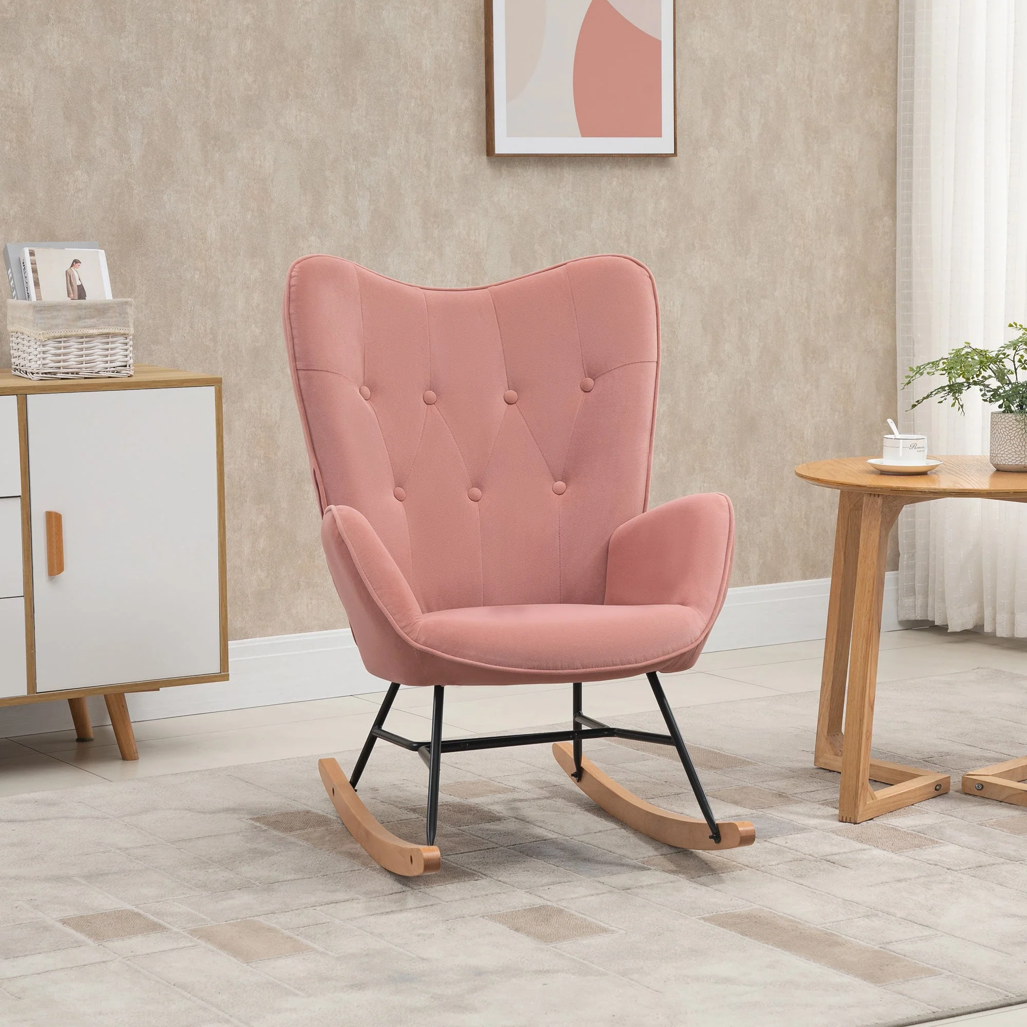 Nursing Rocking Chair, High Back Steel Frame, Pink Velvet - Image 2