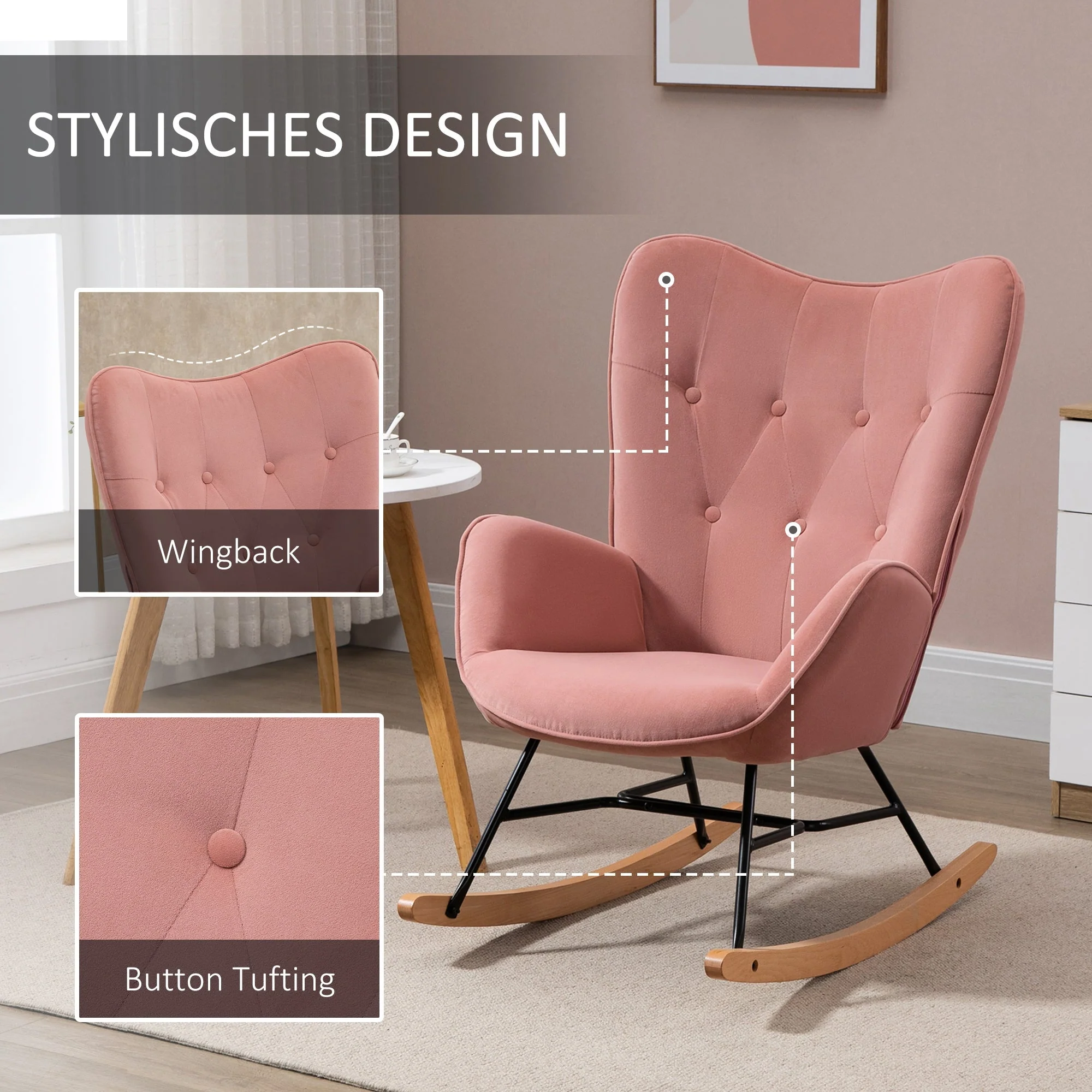 Nursing Rocking Chair, High Back Steel Frame, Pink Velvet - Image 6