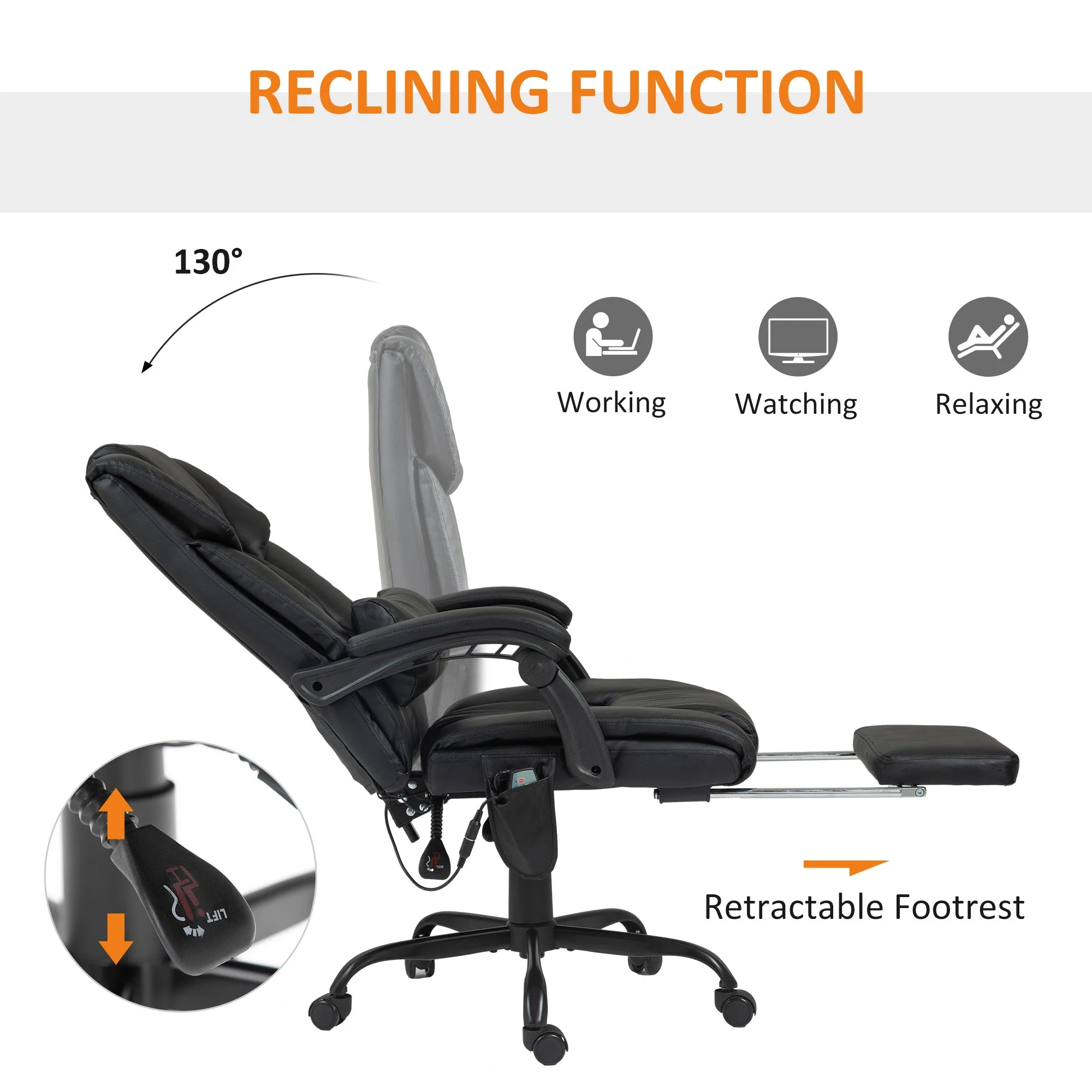 Office Chair, 6-Point Massage Adjustable Height Footrest, PU Leather Black - Image 5