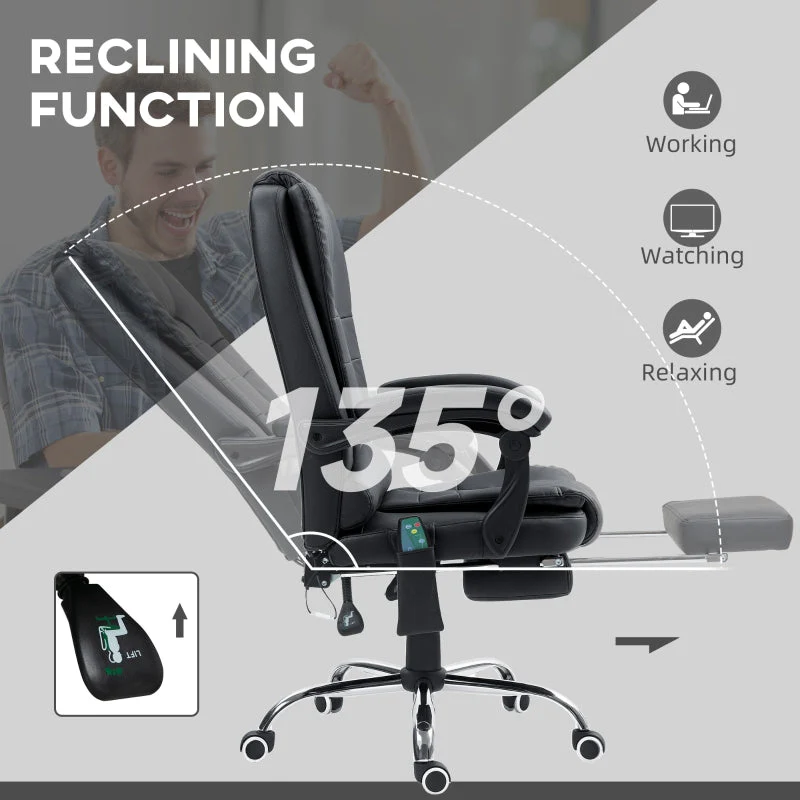 Office Chair, 6 Point Massage Heat Footrest Adjustable Reclining Swivel, PU Leather Black - Image 5