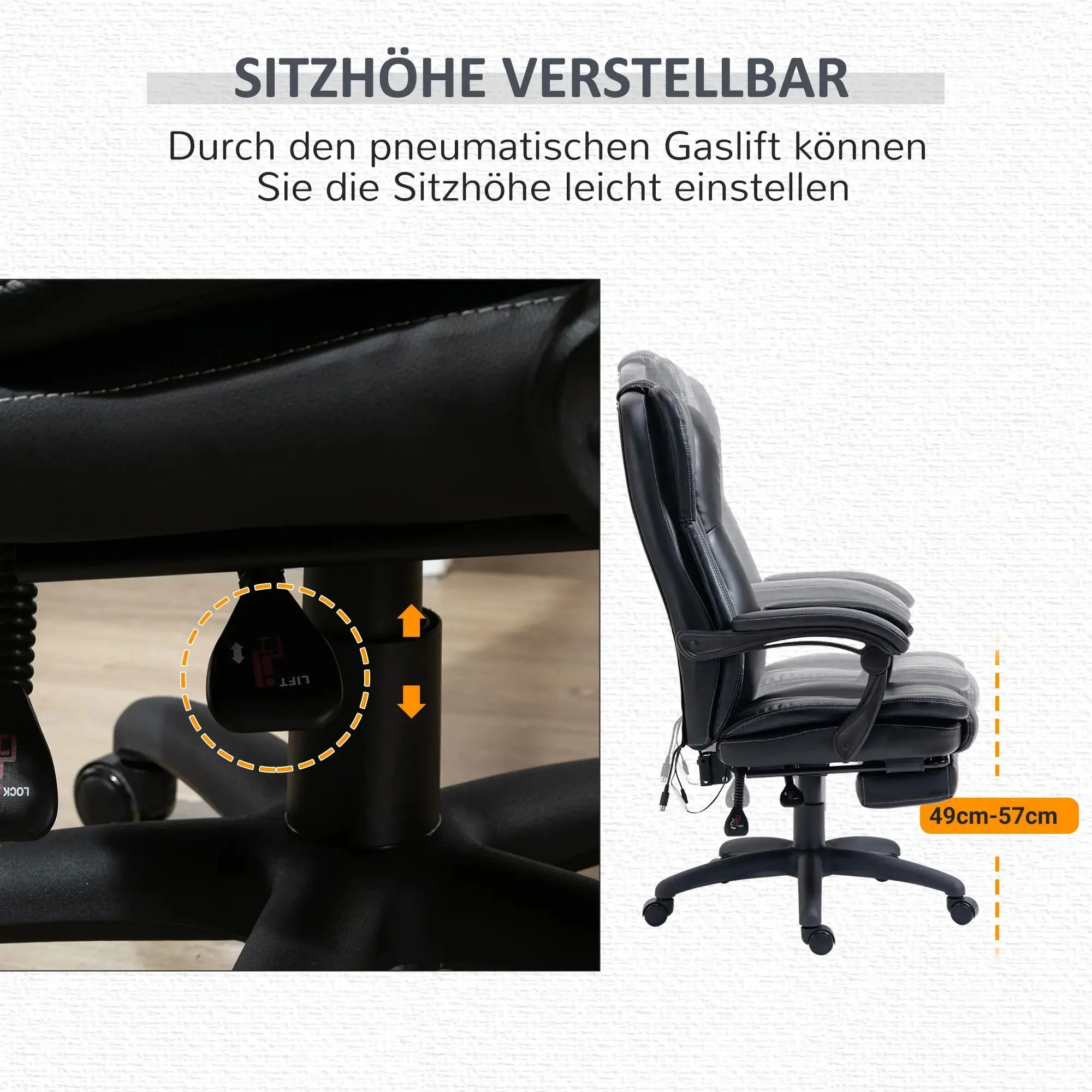 Office Chair Desk Chair Footrest Headrest Vibration Massage Height Adjustable, Black - Image 6