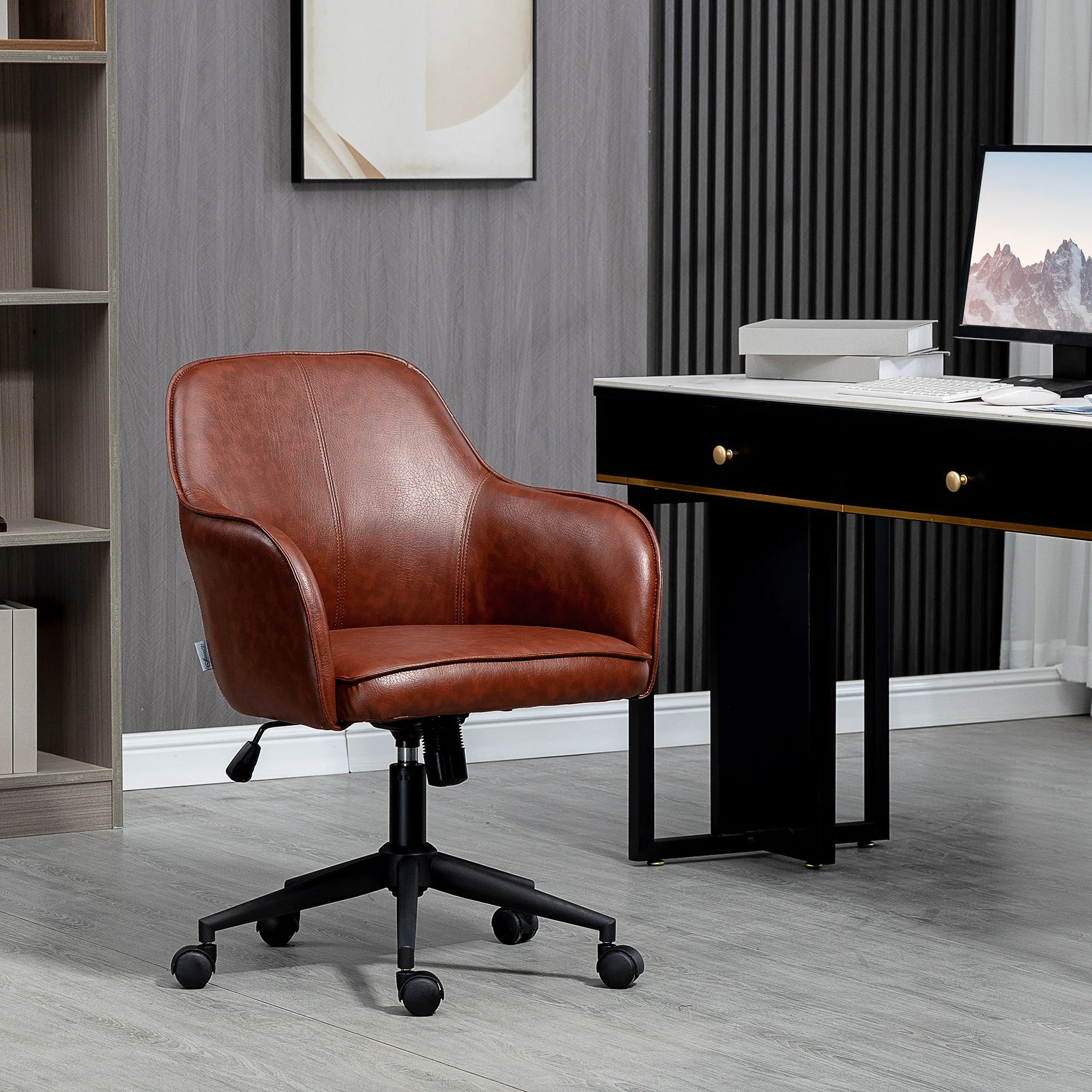 Office Chair Desk Chair Rocking Function Height Adjustable 120kg, Faux Leather Brown - Image 2