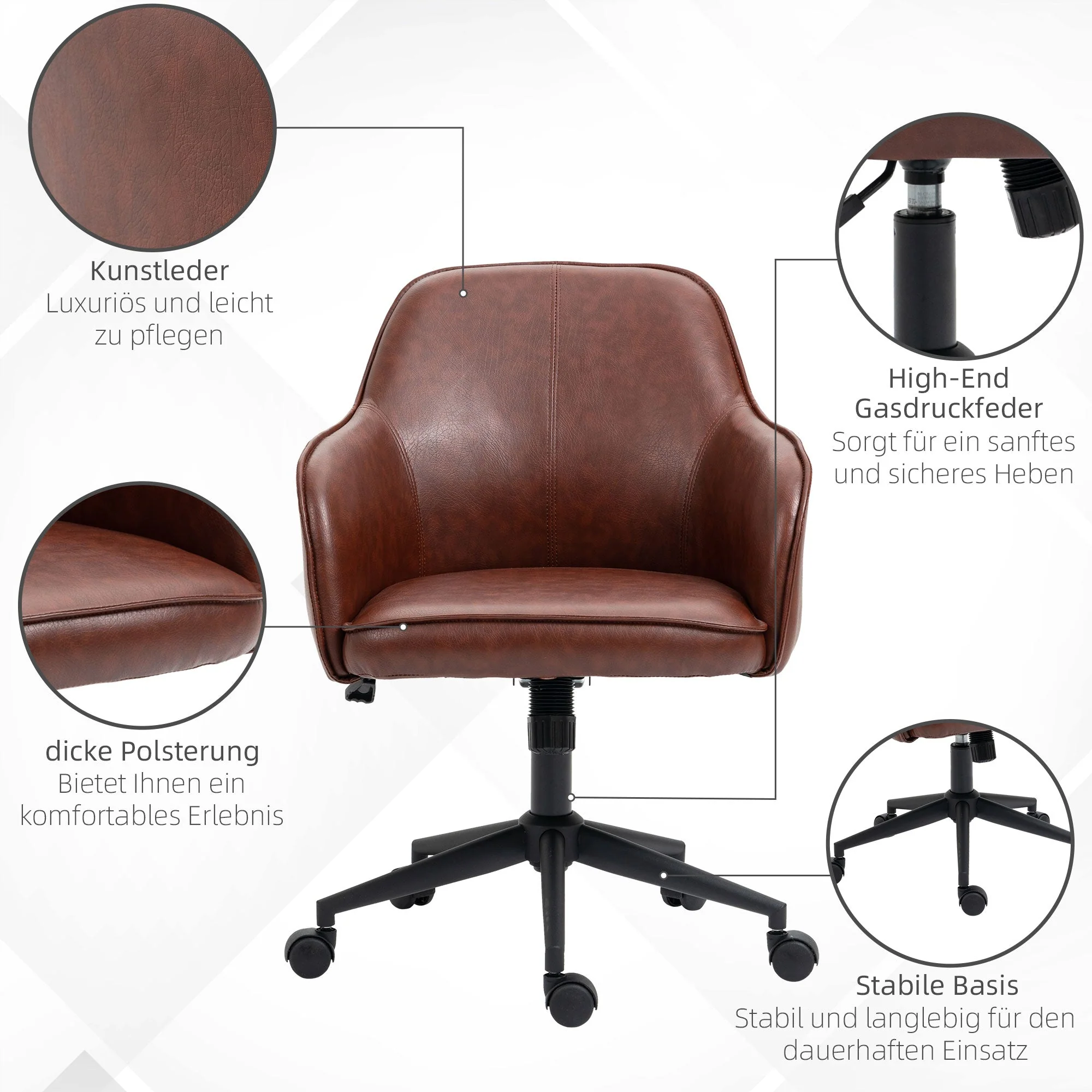 Office Chair Desk Chair Rocking Function Height Adjustable 120kg, Faux Leather Brown - Image 4