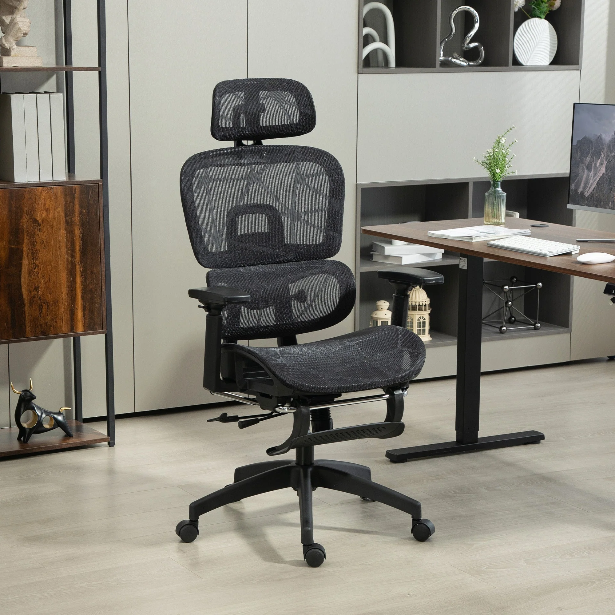 Office Chair Ergonomic Mesh Swivel Reclining Footrest, Black - Image 2