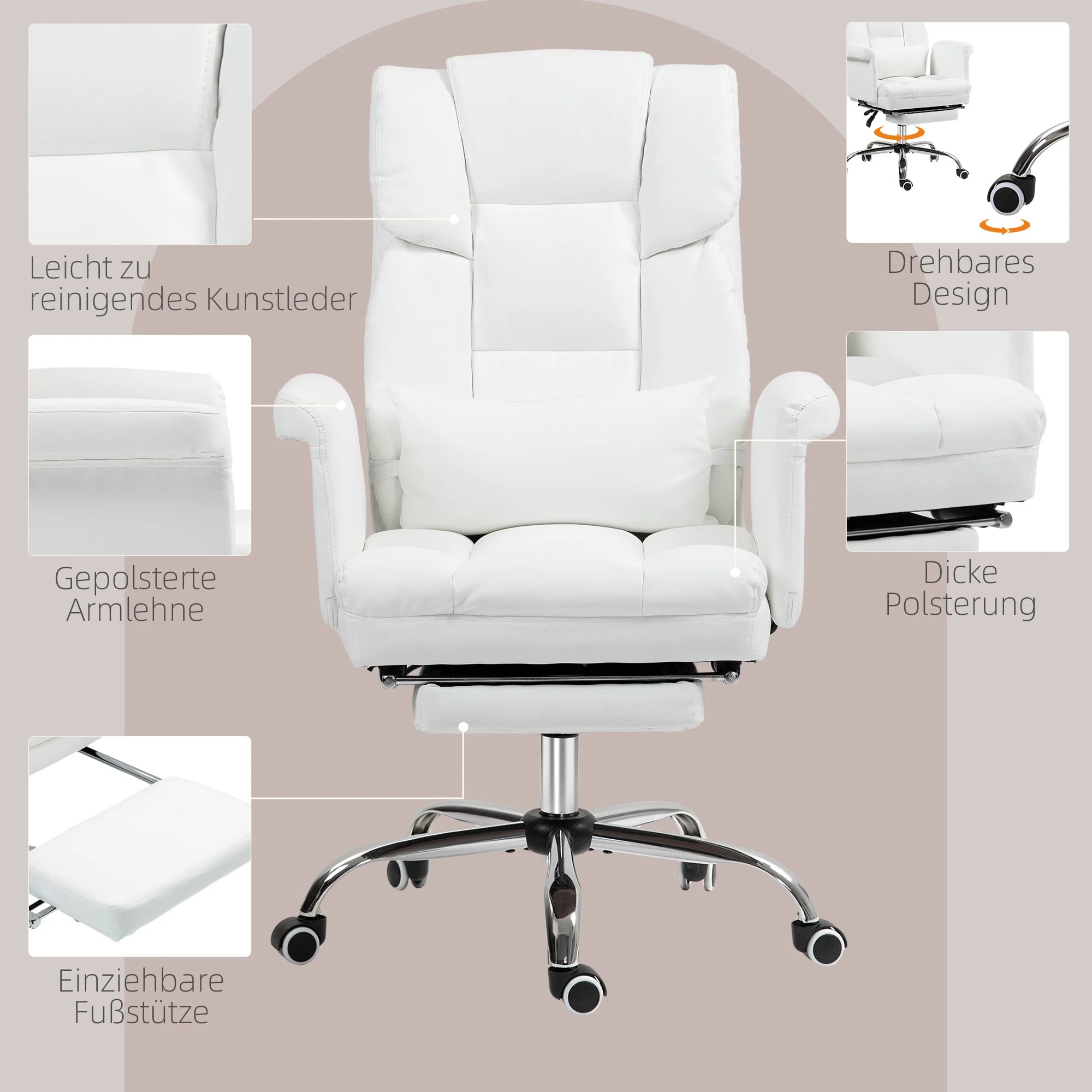 Office Chair, Ergonomic Reclining with Footrest, White Faux Leather - Image 5