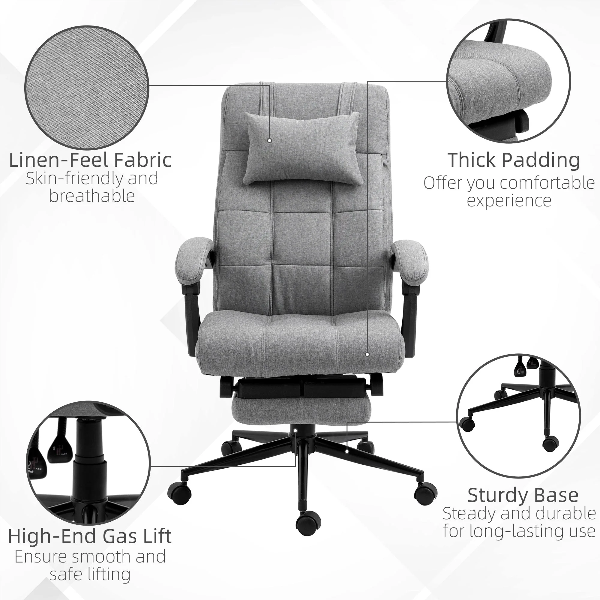 Office Chair Ergonomic Swivel Adjustable with Footrest, Linen - Image 6