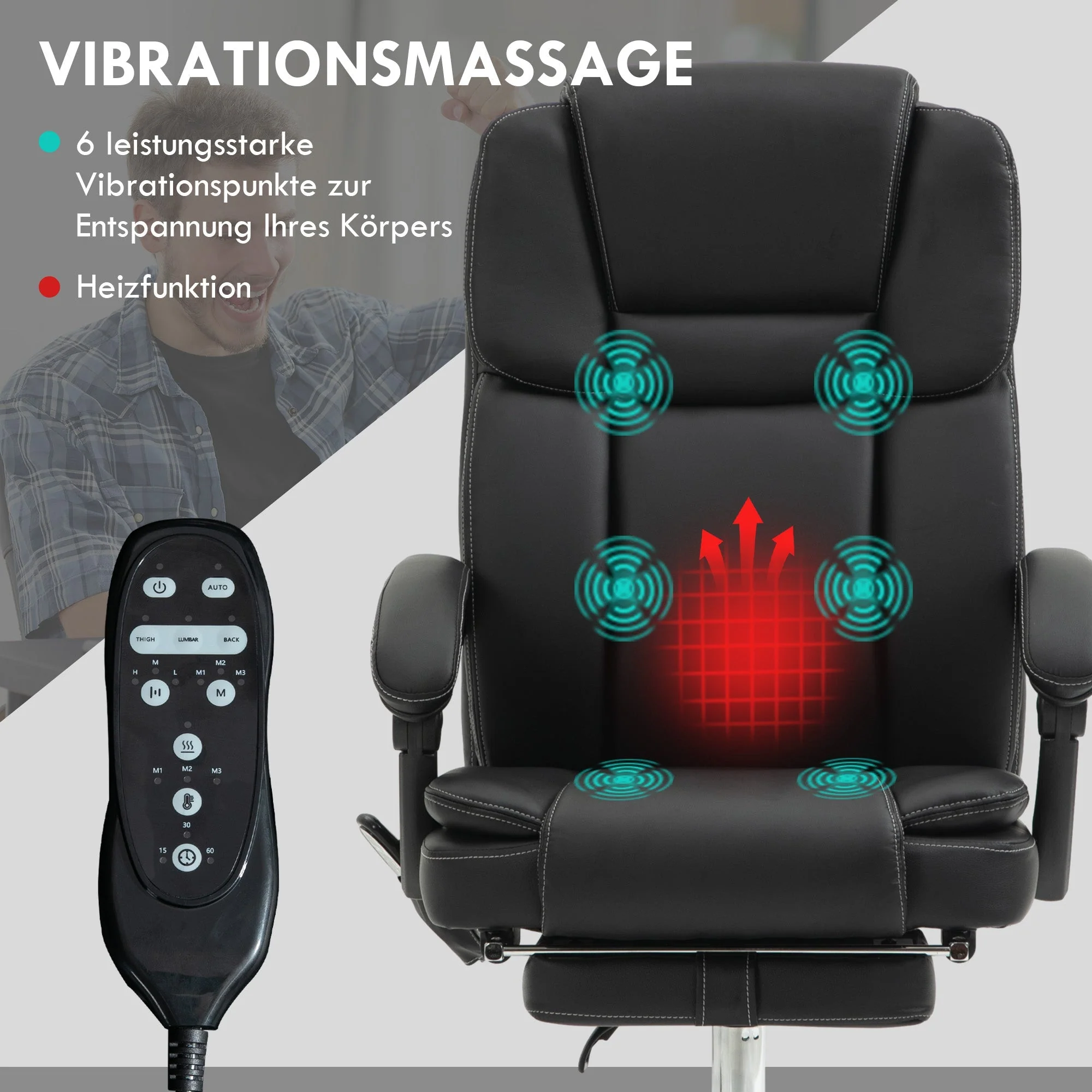 Office Chair, Ergonomic Vibration Massage Heating Reclining Footrest, Faux Leather Black - Image 4