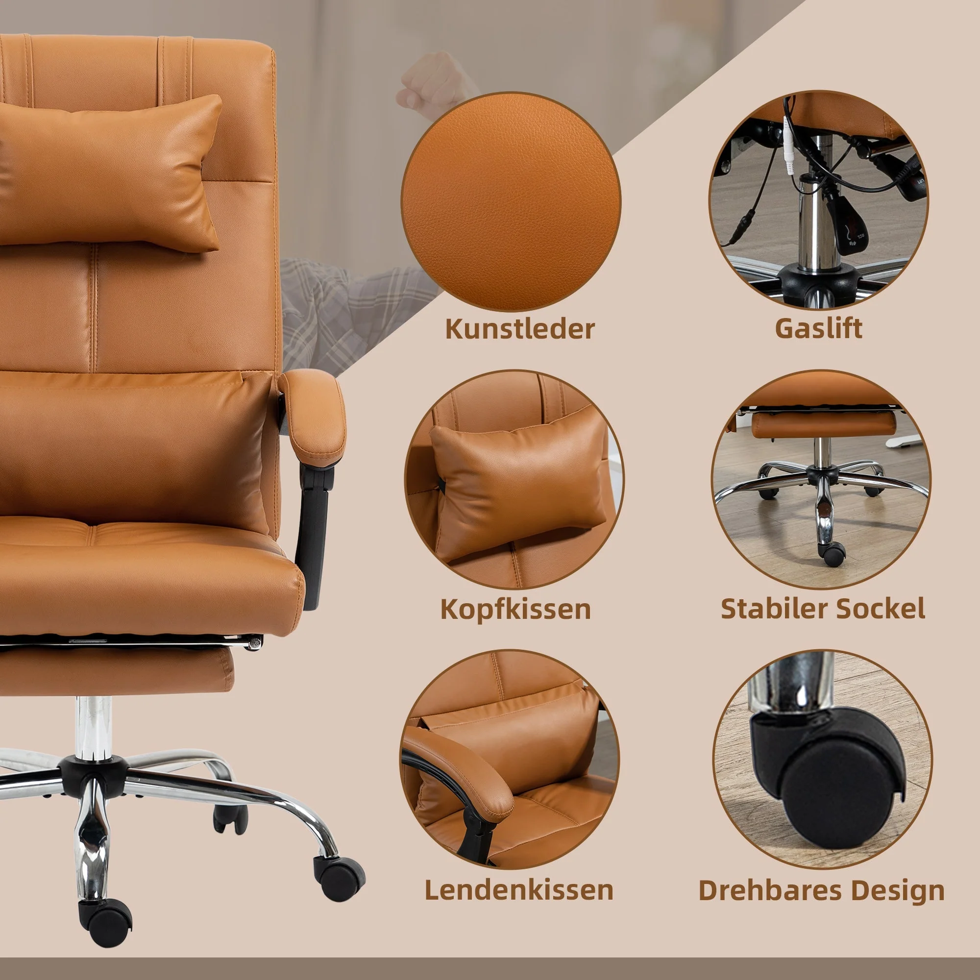 Office Chair, Massage Lumbar Heating 6-Point Faux Leather, Light Brown - Image 6