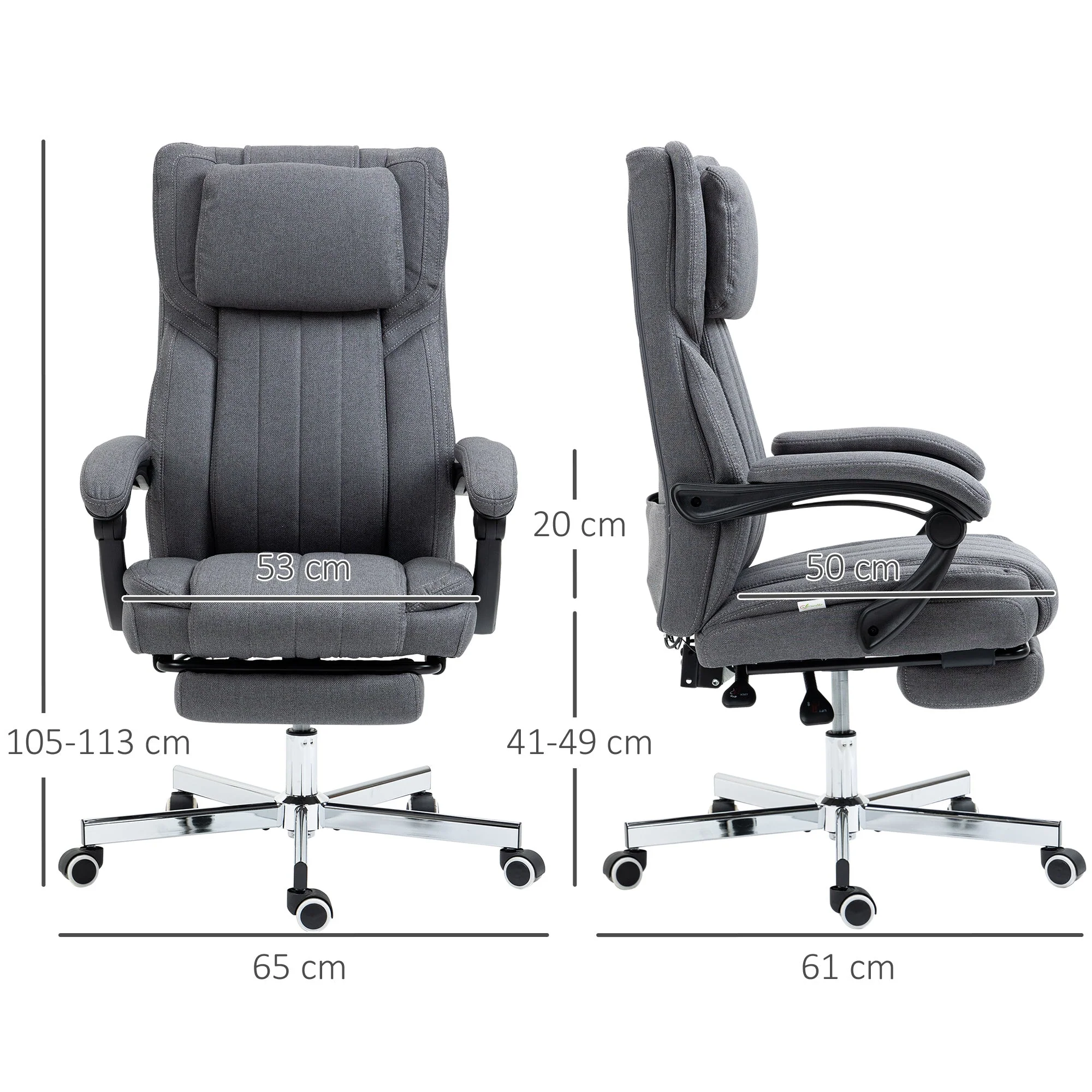 Office Chair Massage Modes Reclining Height Adjustable Footrest, Grey Linen Look - Image 3