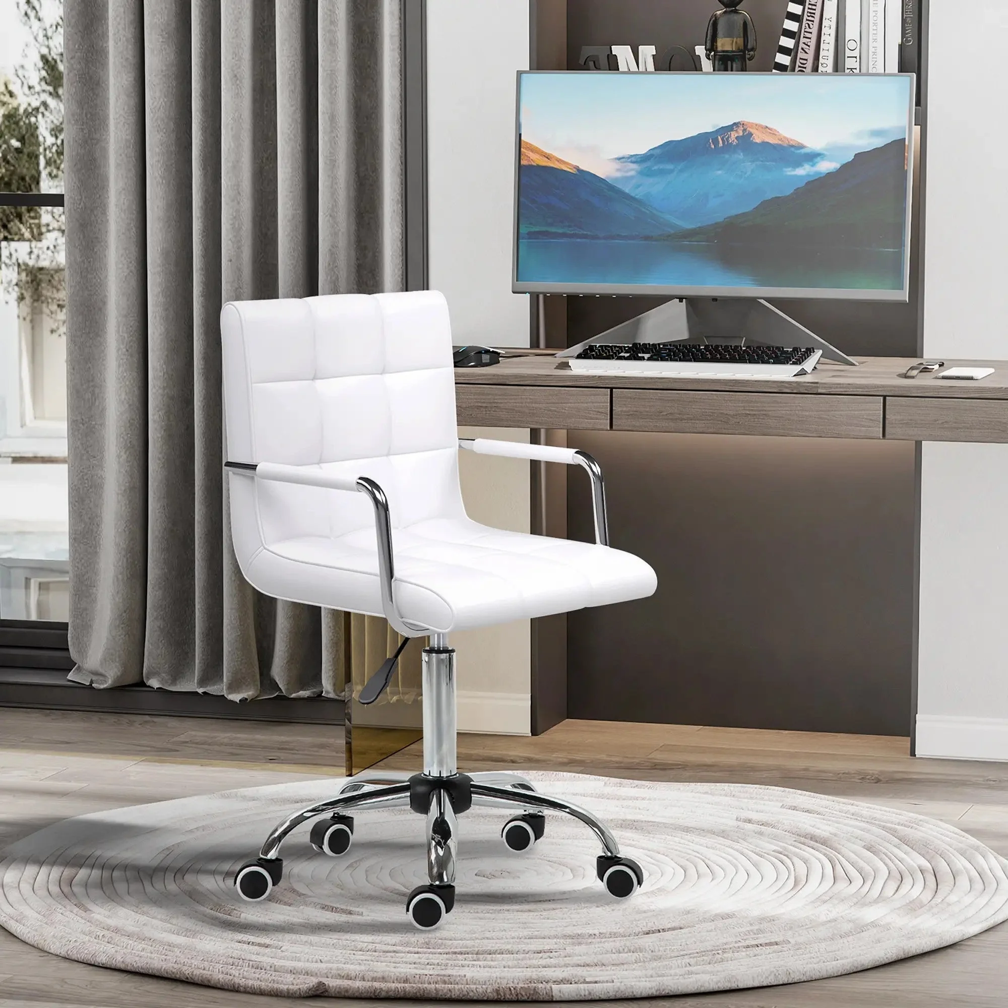Office Chair Mid Back Computer Chair Swivel with Adjustable Height and Armrest PU Leather, White