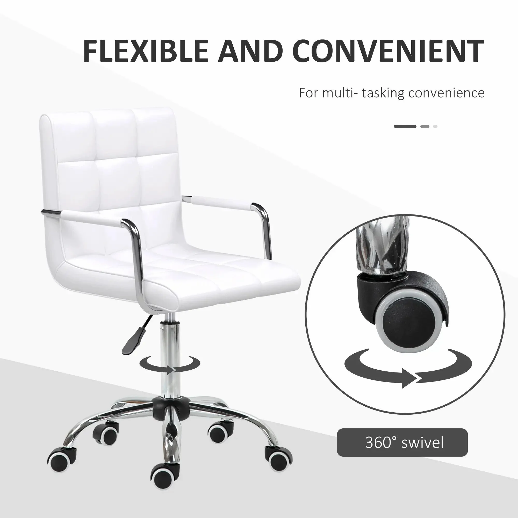 Office Chair Mid Back Computer Chair Swivel with Adjustable Height and Armrest PU Leather, White - Image 5