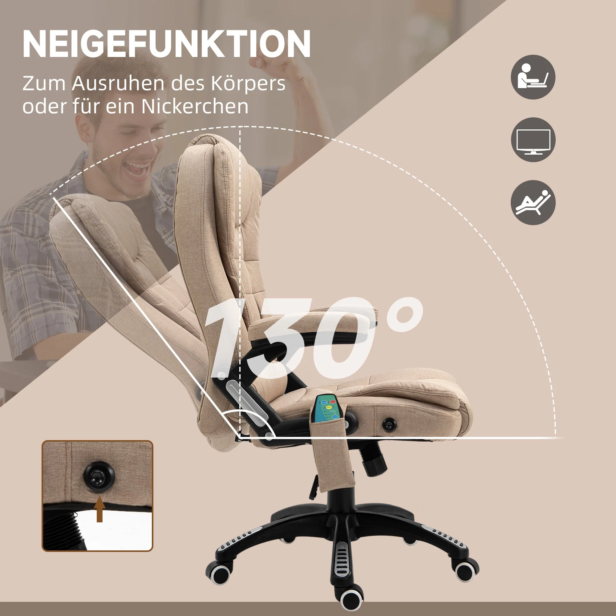 Office Chair with Massage, Heating, Reclining, and Adjustable Height - Linen Look Brown - Image 6