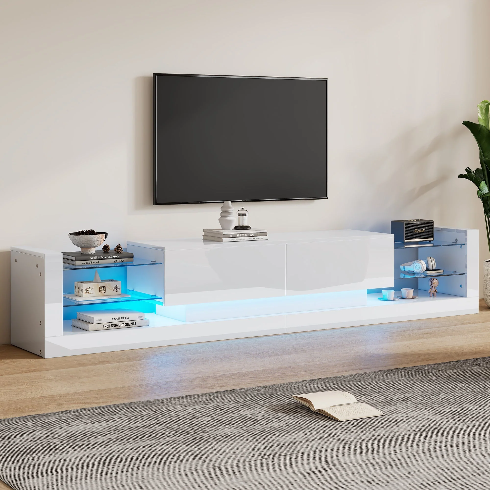Open Glass Storage TV Stand, LED Lights High Gloss, White