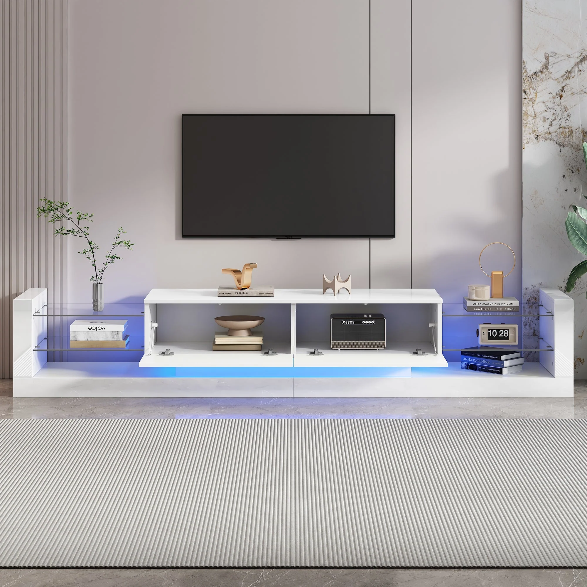Open Glass Storage TV Stand, LED Lights High Gloss, White - Image 2
