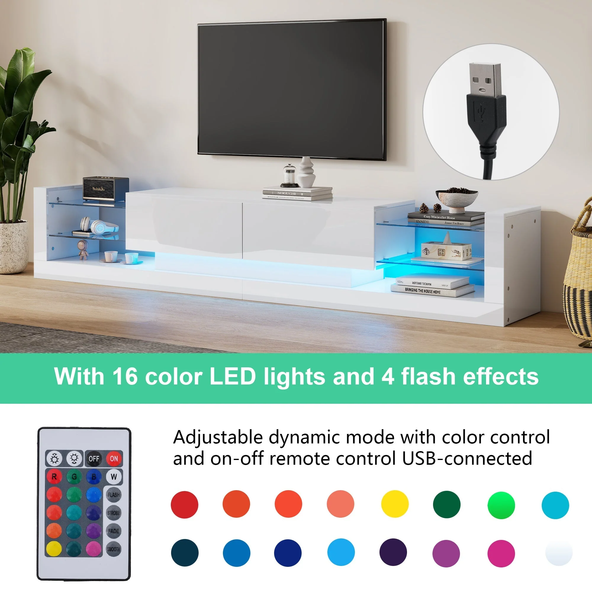 Open Glass Storage TV Stand, LED Lights High Gloss, White - Image 4