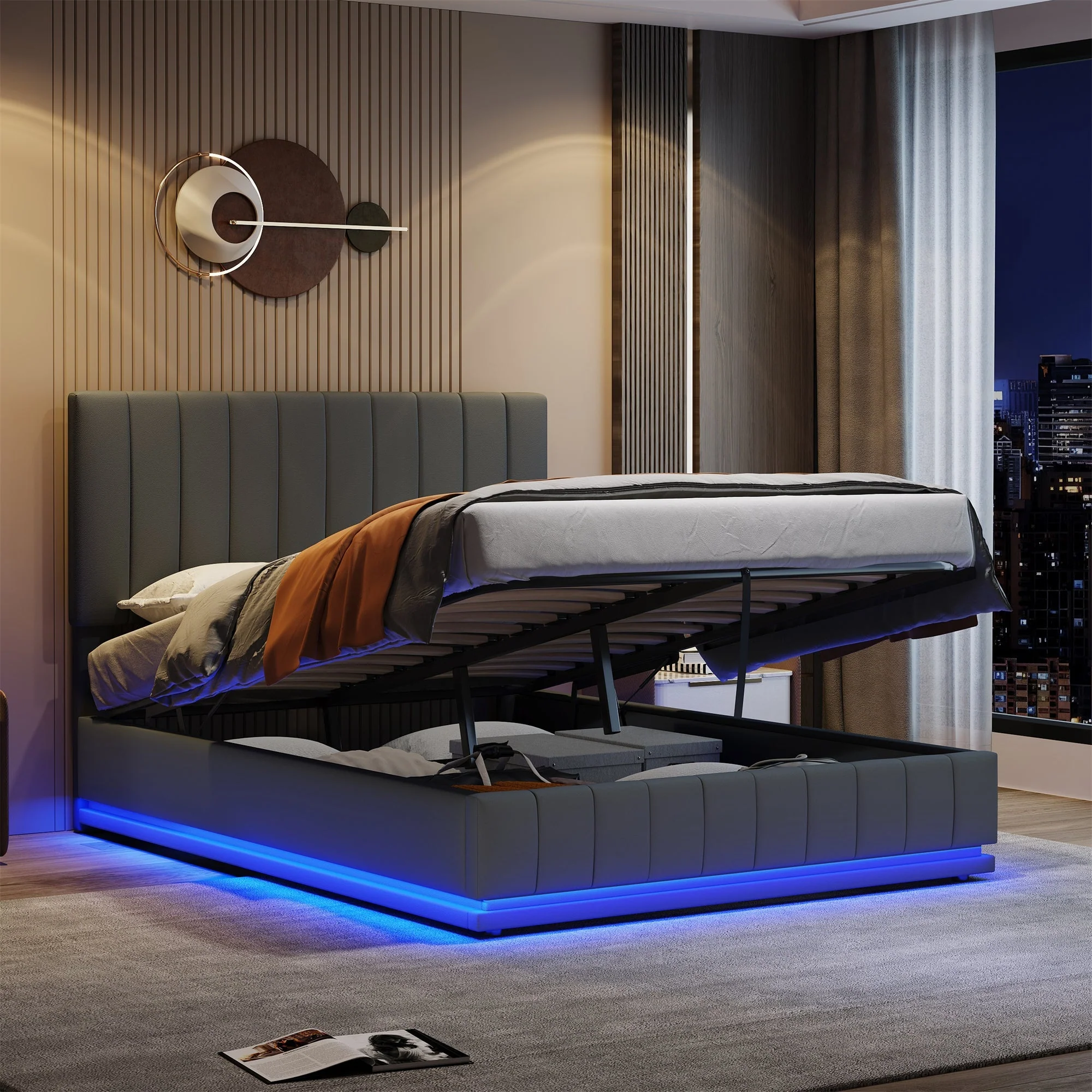 Ottoman Double Bed, LED, Hydraulic Storage, 4ft6, Grey PU Leather - Image 3