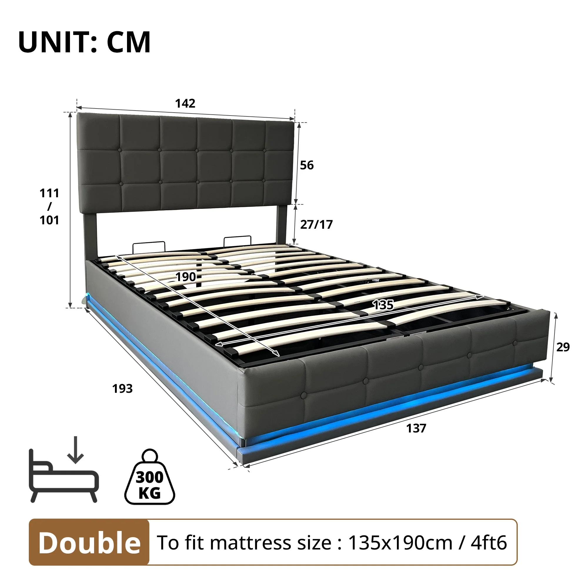 Ottoman Double Bed with LED Lighting, Hydraulic Storage, Adjustable Headboard, Grey PU Leather - Image 8