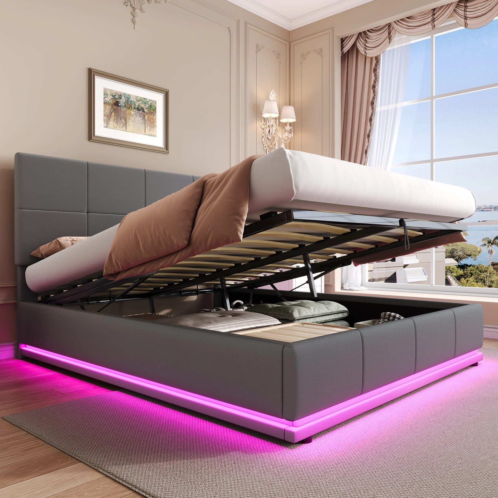 Ottoman Double Bed with LED Lighting, Hydraulic Storage, Adjustable Square Tufted Headboard, Grey PU Leather (No Mattress) - Image 5