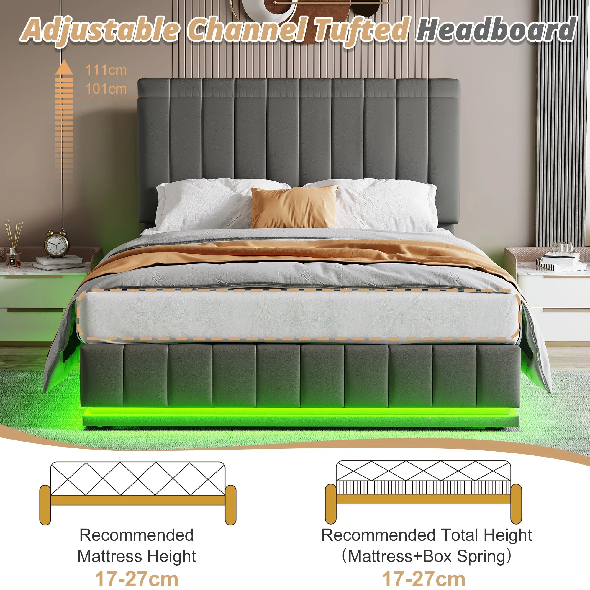 Ottoman King Bed with LED Lighting, Hydraulic Storage, and Adjustable Channel Tufted Headboard, Grey PU Leather - Image 7
