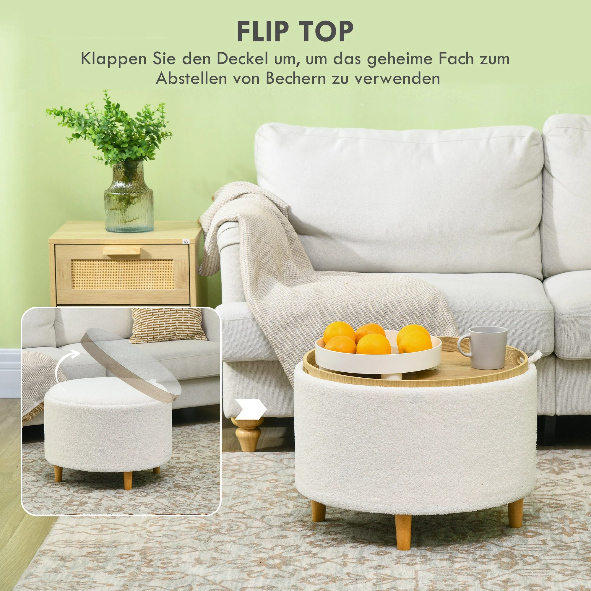 Ottoman Round Upholstered Storage Hinged Lid Wooden Legs, White - Image 4