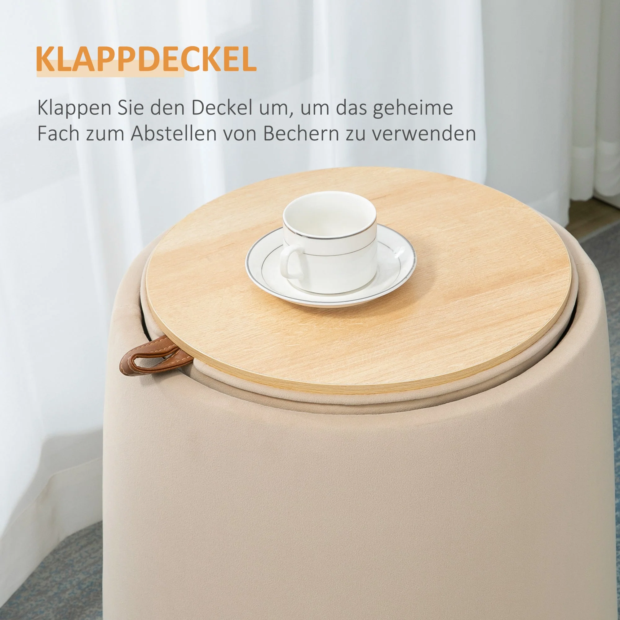 Ottoman Stool Round Storage Beige Velvet - Image 4