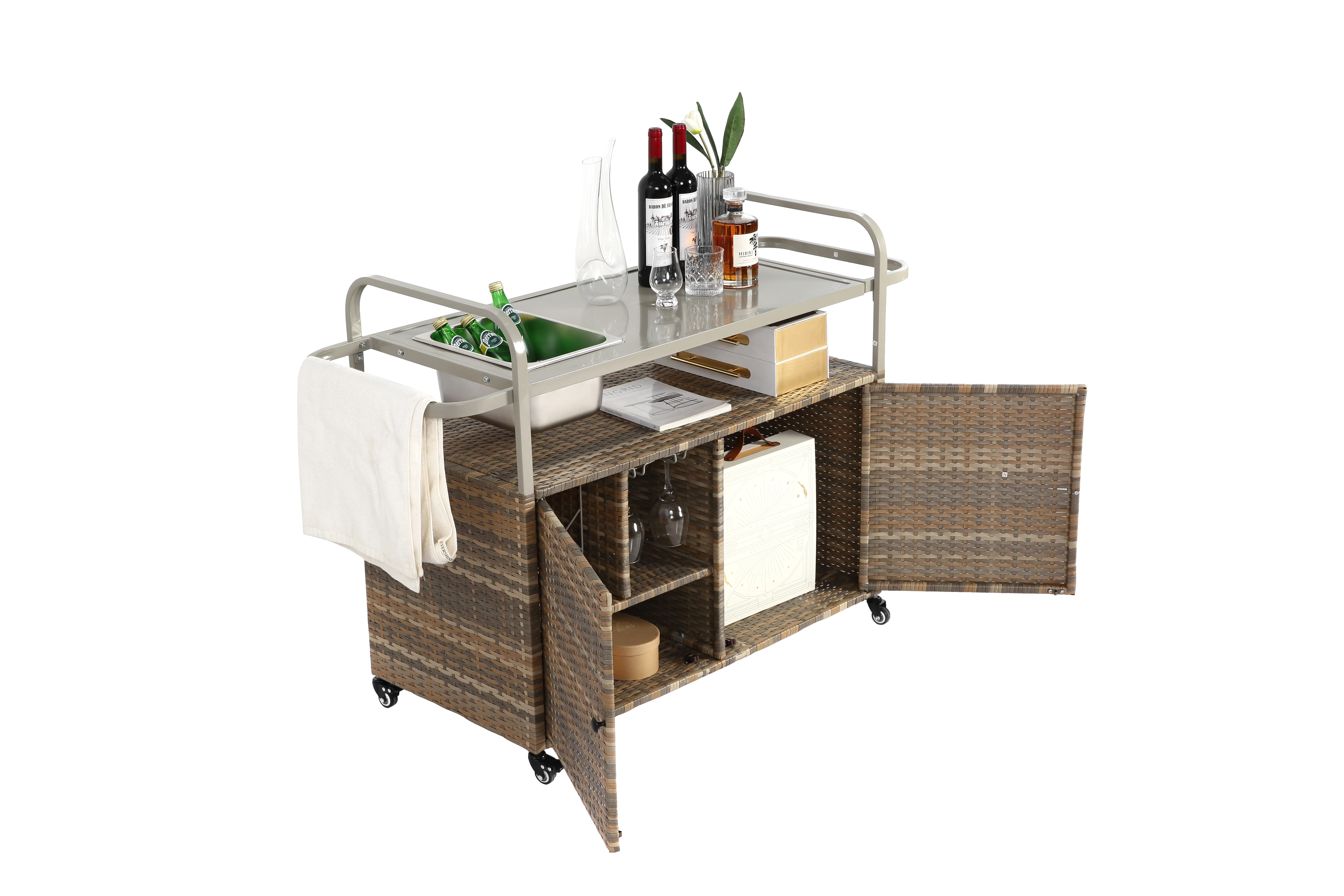 Outdoor Bar Table, Wicker Bar Cart with Cabinet, Steel Top, Ice Bucket, Lockable Wheels, Beige - Image 10