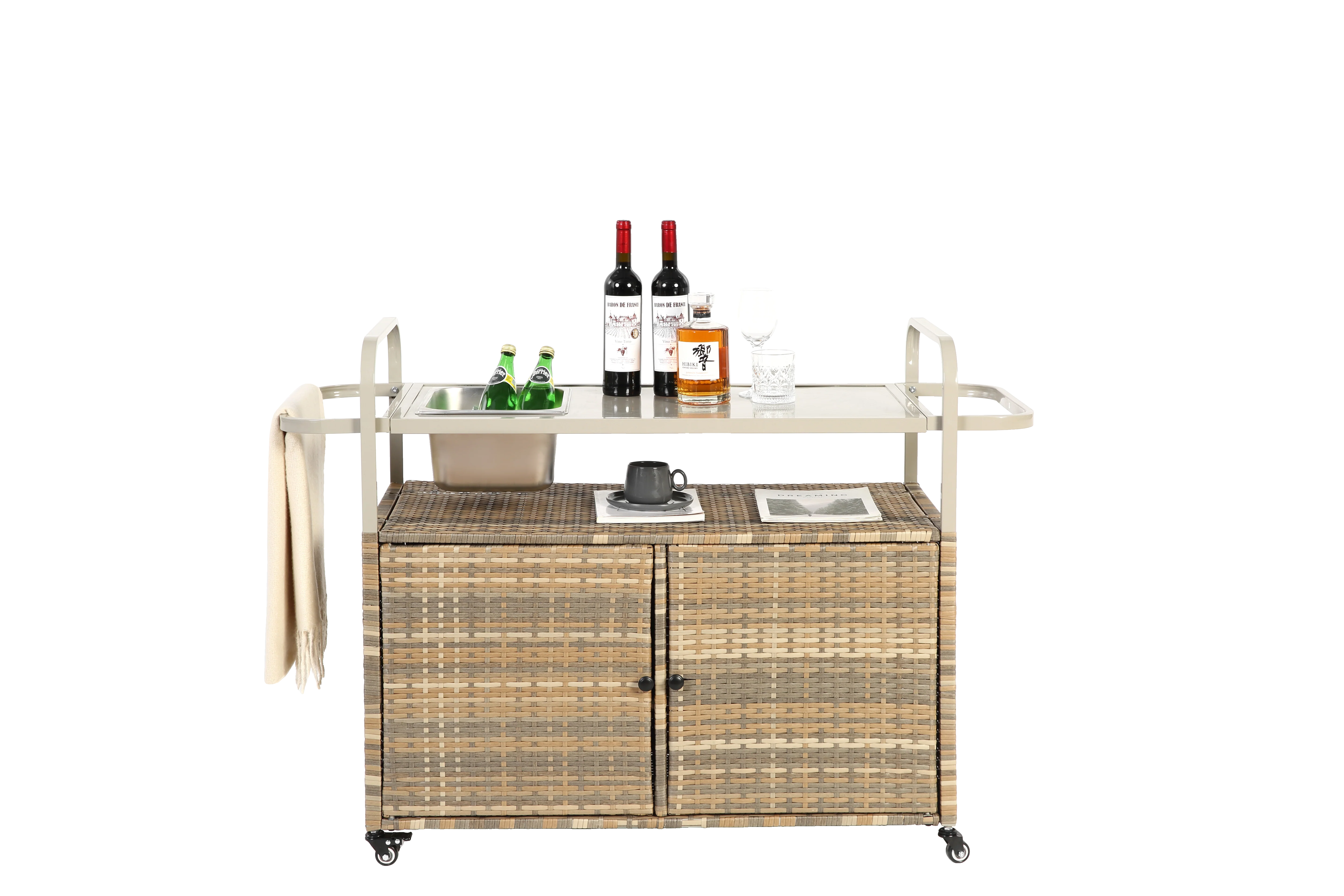 Outdoor Bar Table, Wicker Bar Cart with Cabinet, Steel Top, Ice Bucket, Lockable Wheels, Beige - Image 12