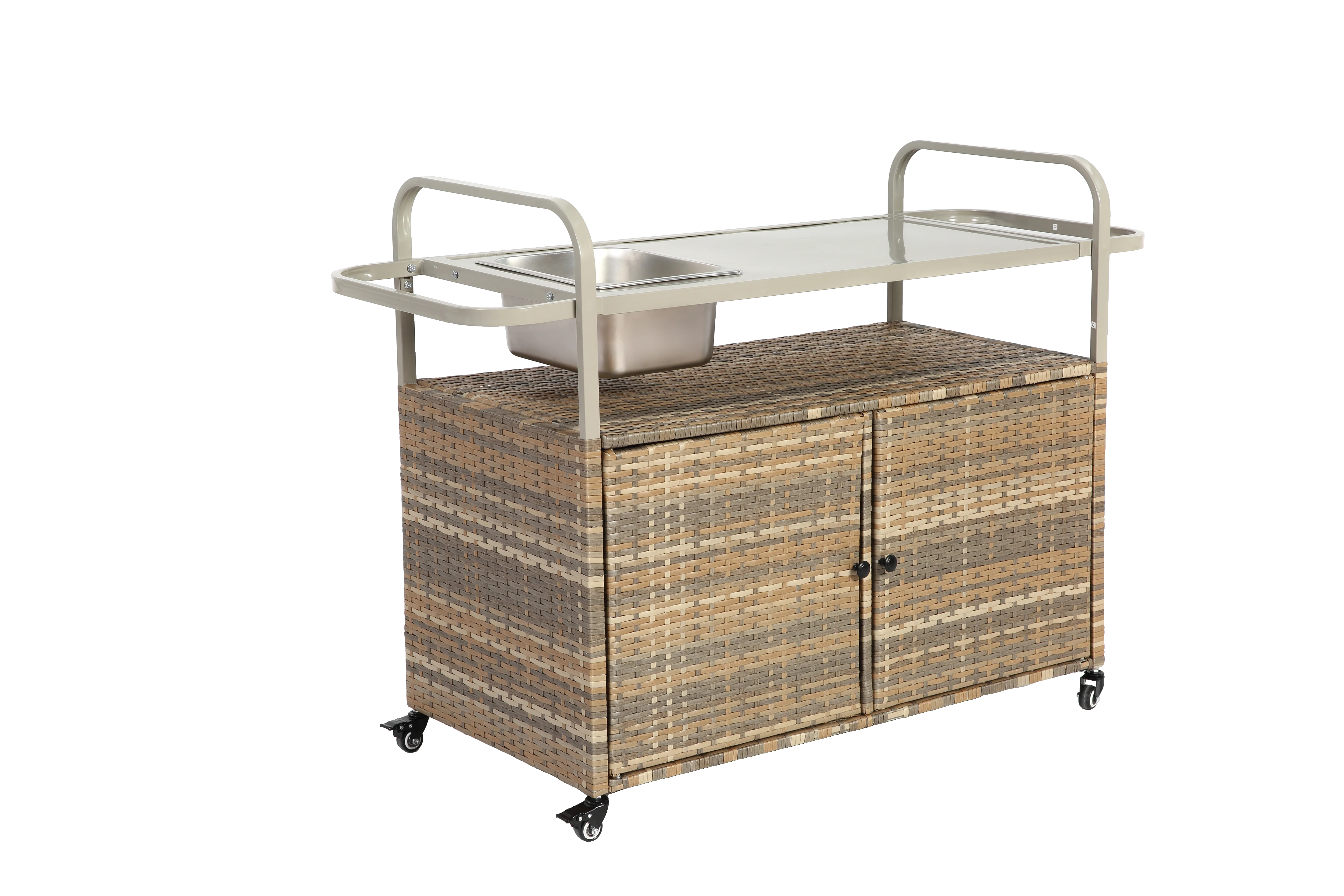 Outdoor Bar Table, Wicker Bar Cart with Cabinet, Steel Top, Ice Bucket, Lockable Wheels, Beige - Image 9