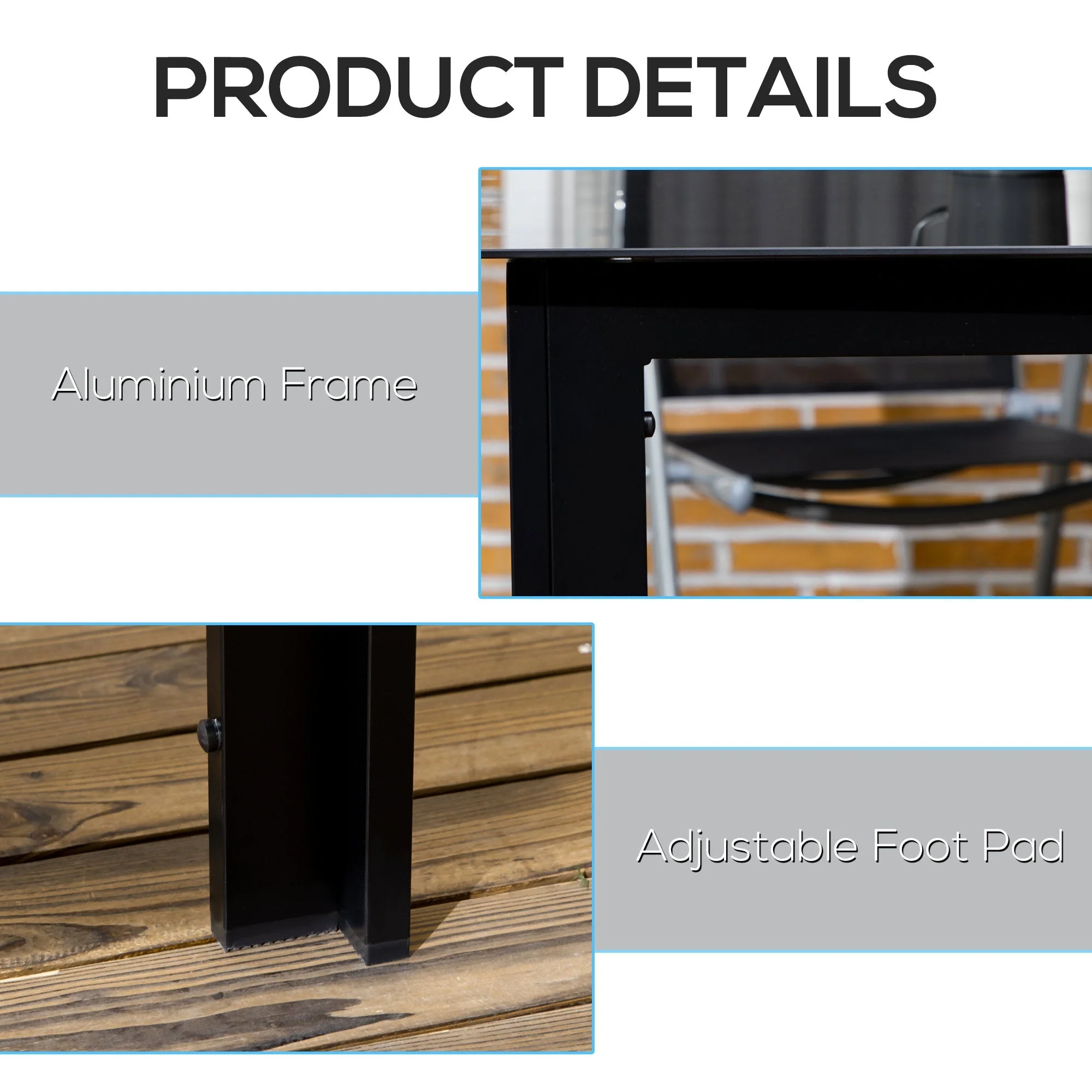 Outdoor Dining Table for 6, Aluminium Rectangular with Tempered Glass Top, Black - Image 6
