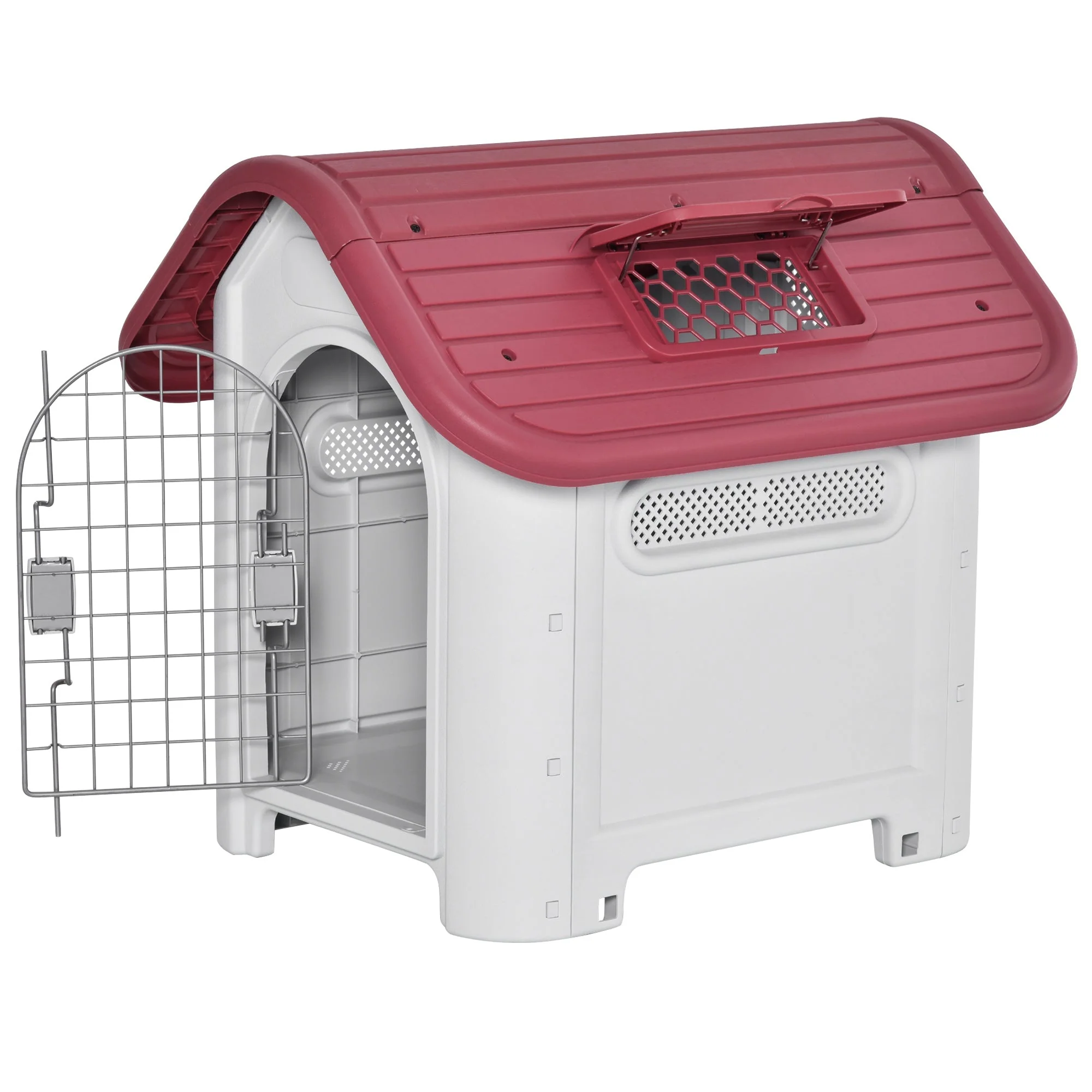 Outdoor Dog Kennel with Roof Hatch, Gate, Air Circulation, Red - Image 7