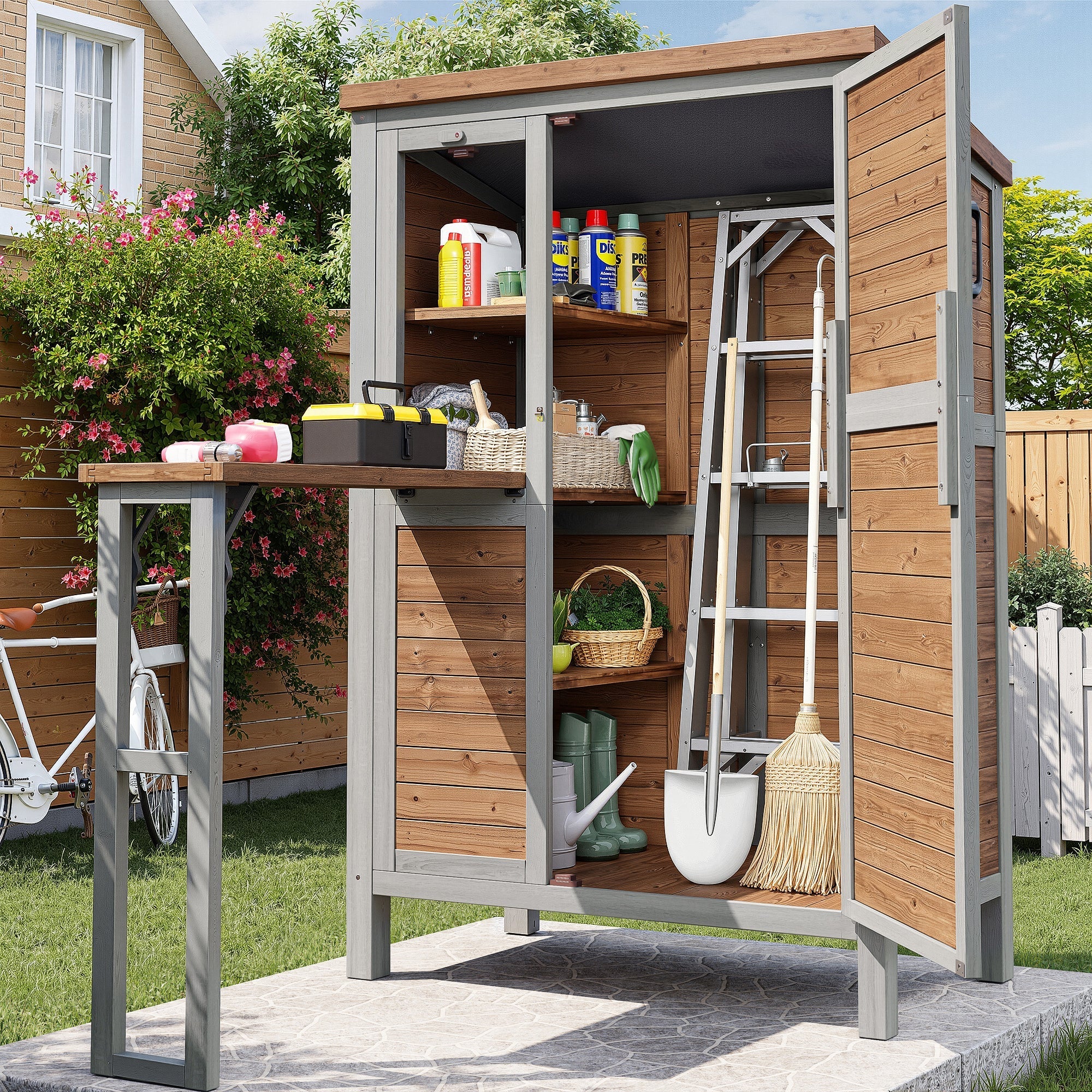 Outdoor Garden Cabinet with Fold-out Worktop and Adjustable Shelves, Fir Wood - Image 4