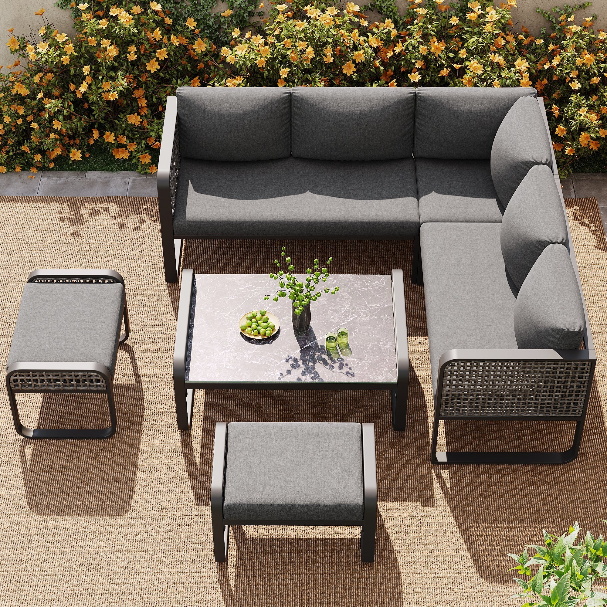 Outdoor Garden Lounge Set, 6-7 People Corner Sofa with Adjustable Legs, Grey Rattan - Image 5