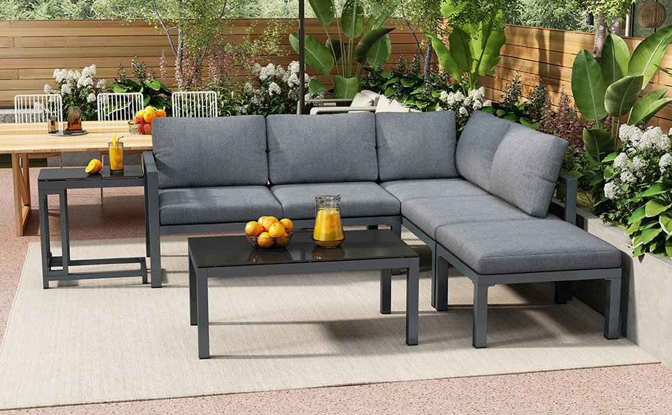 Outdoor Garden Terrace Lounge Sofa Set, 4-5 Person Corner Sofa with Side & Coffee Table, Grey - Image 6