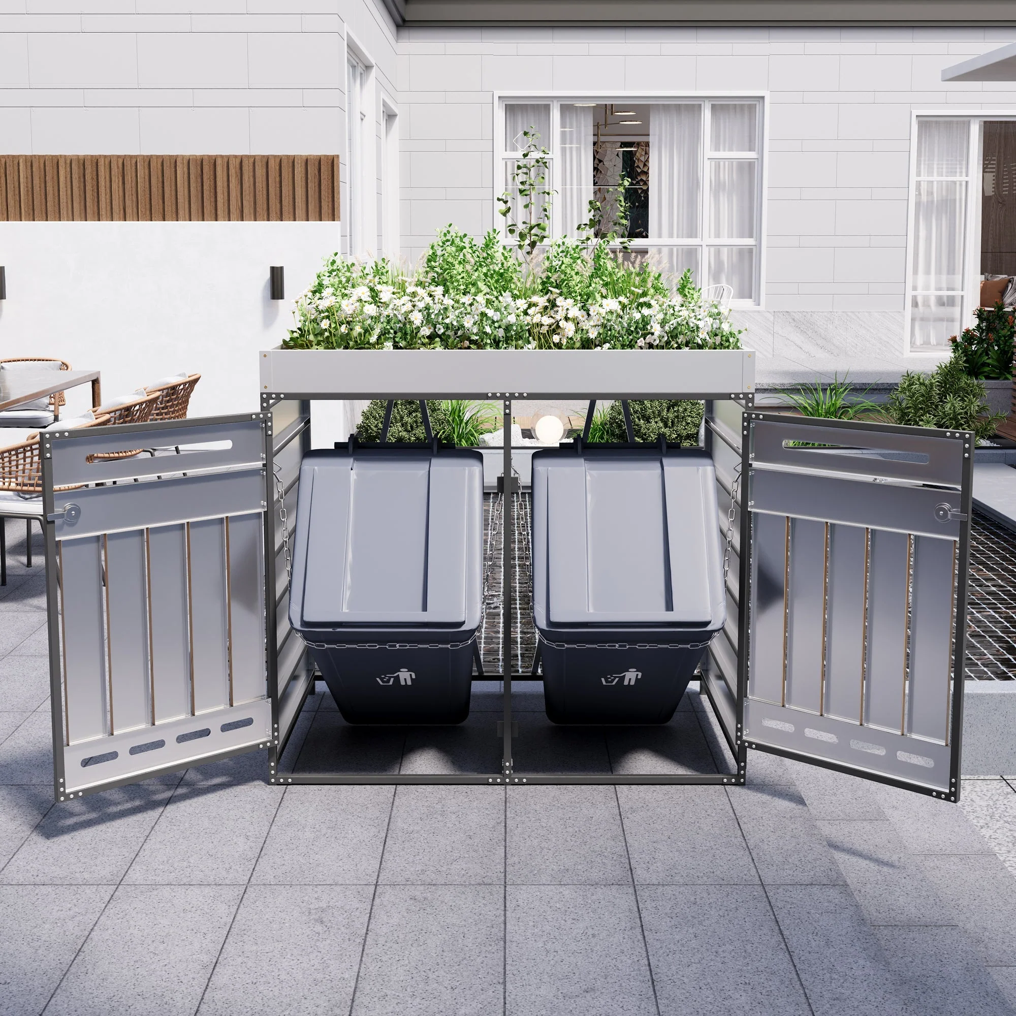 Outdoor Iron Bin Storage Cabinet with Planter Box, Slotted Ventilation and Lock, Wood Grain Panels - Image 3