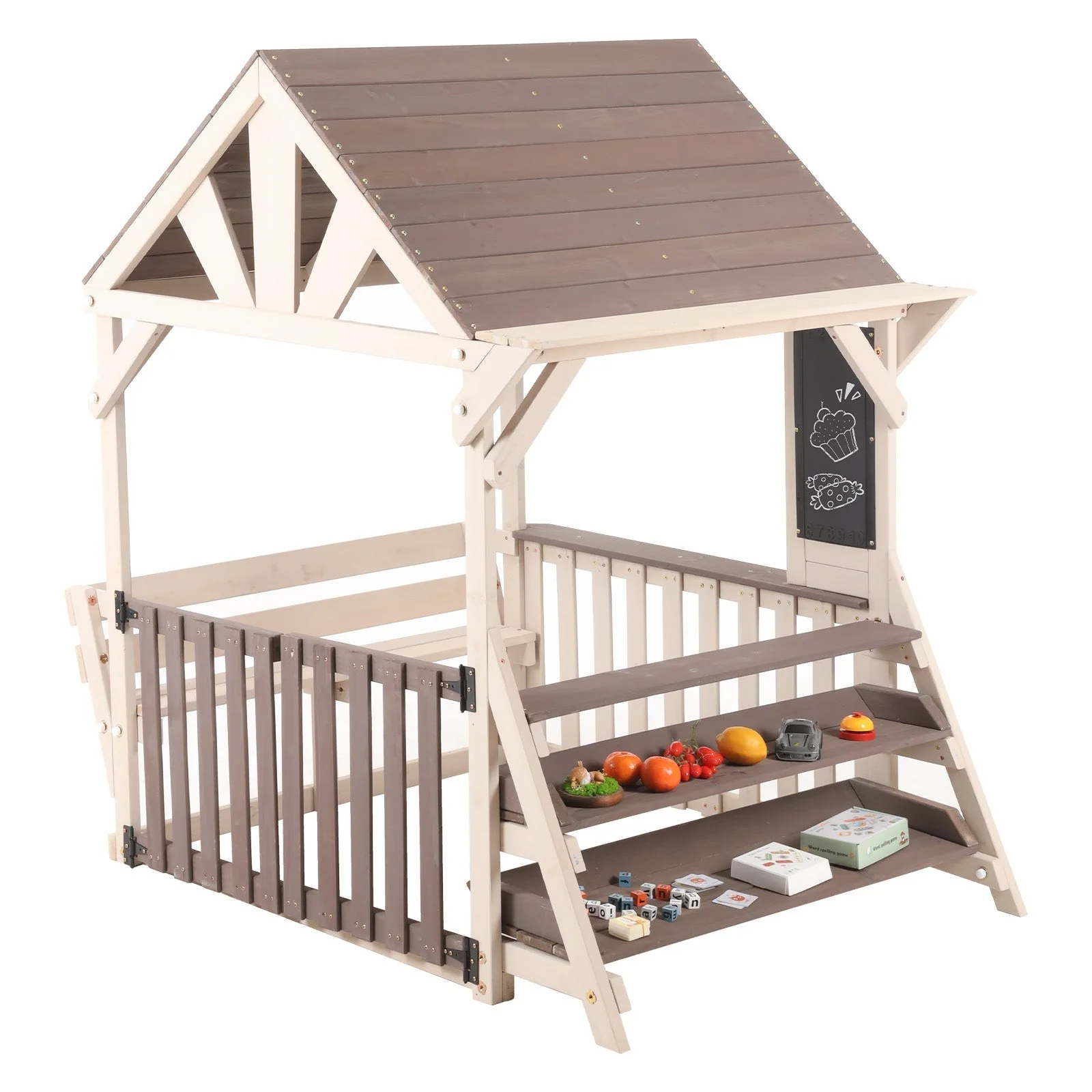 Outdoor Kitchen Playset with Rainproof Roof and Multi-purpose Shelf, Grey Wood - Image 3